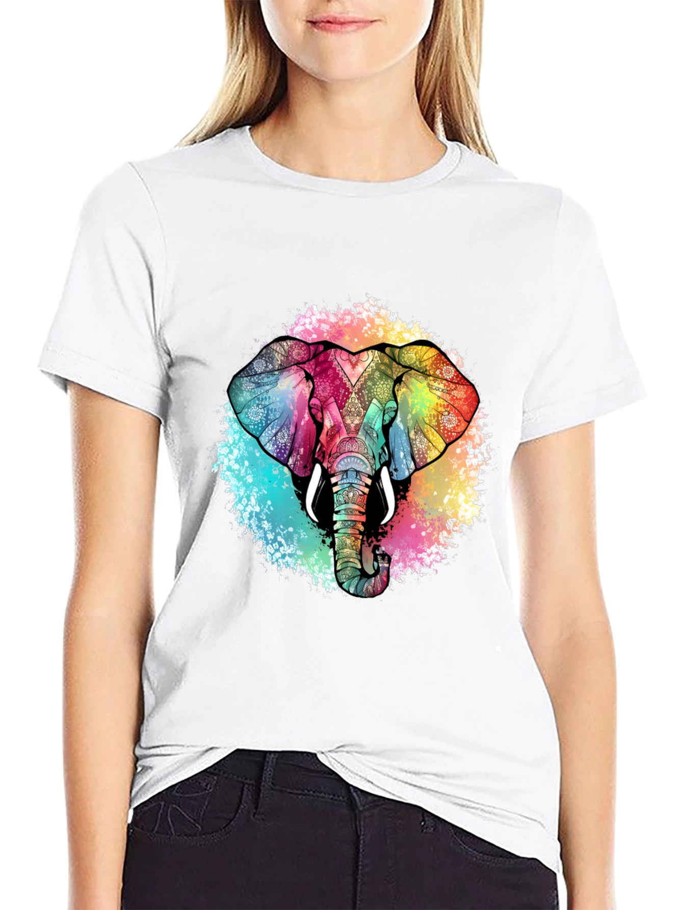 Black Colorful Elephant Graphic Tee - Unique Design view 9
