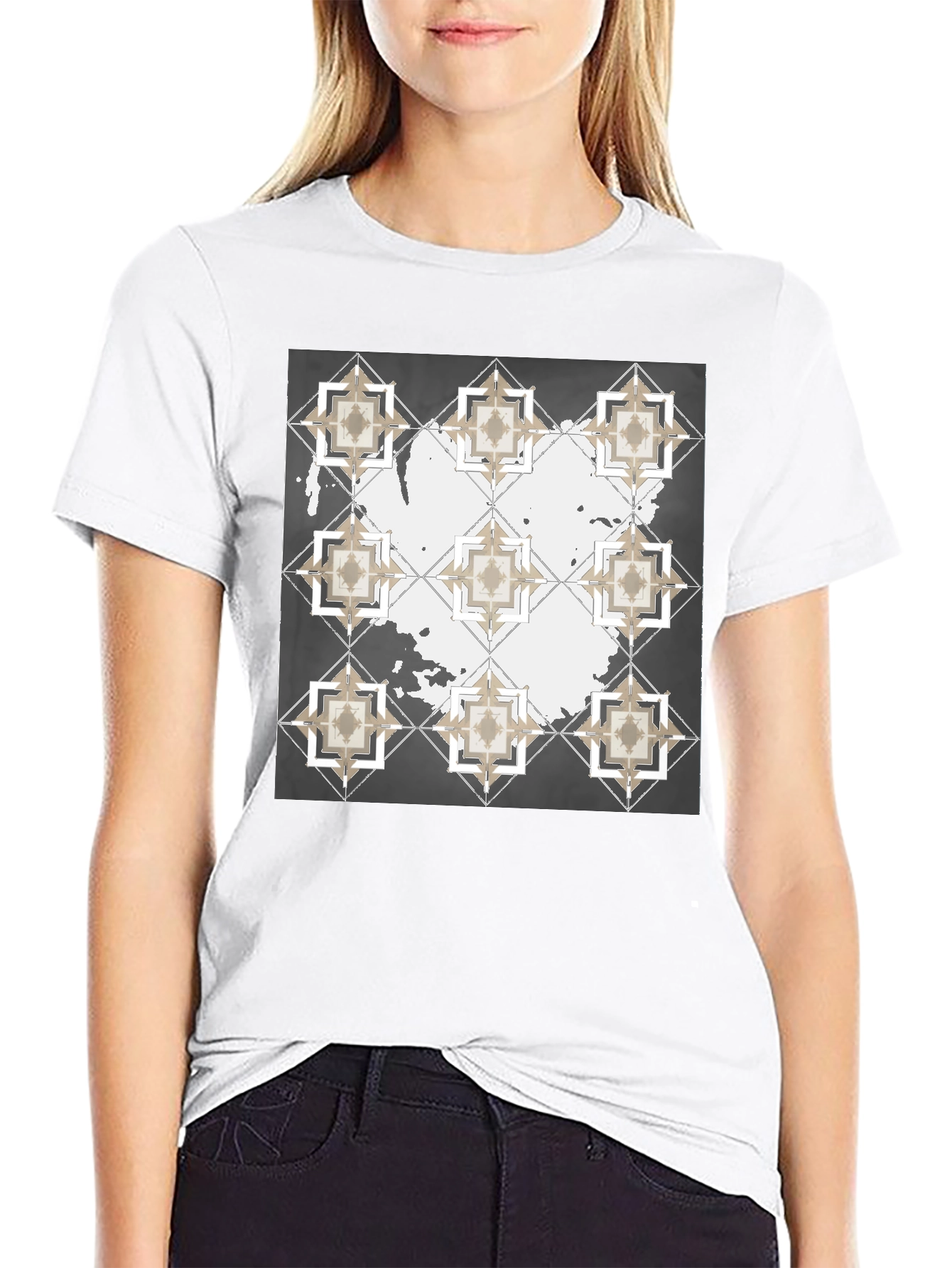Black Geometric Tile Print Crew Neck T-Shirt view 9
