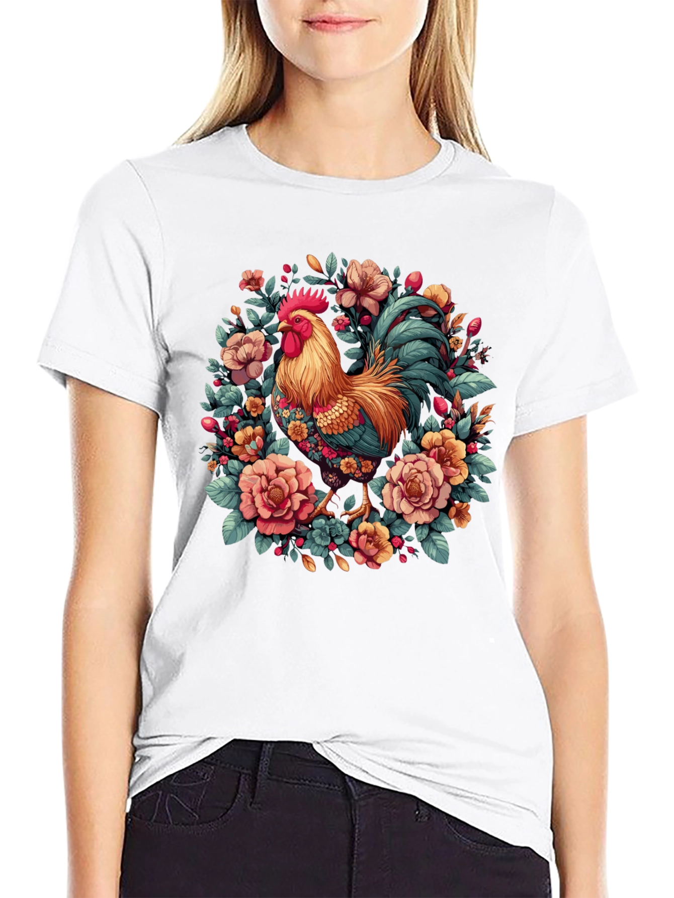 Black Floral Rooster Graphic T-Shirt view 9