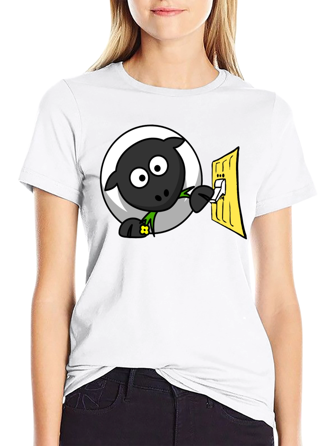 Black Funny Cartoon Sheep Turning on Light T-Shirt view 9