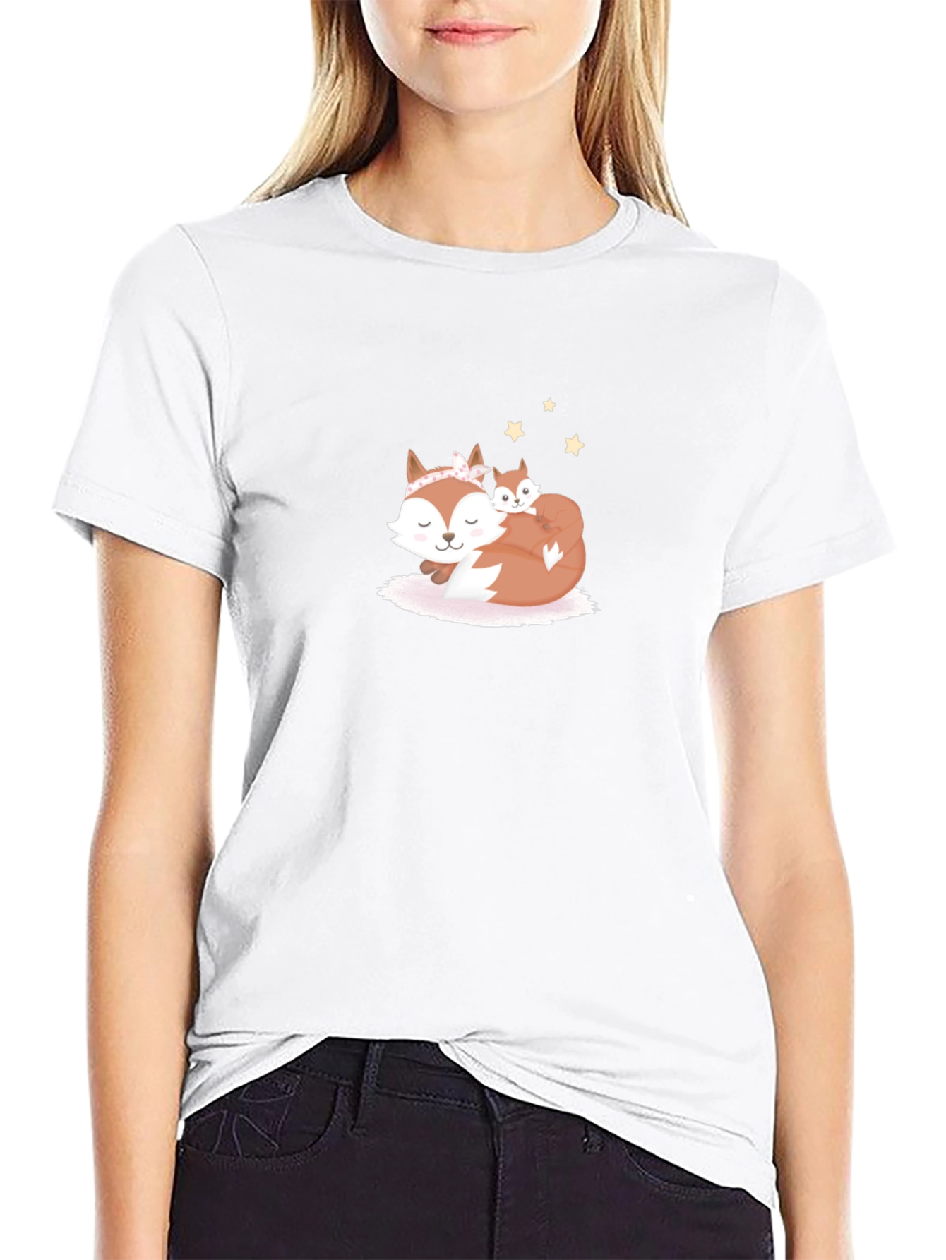 Black Cute Fox Mom & Baby Black T-Shirt view 9