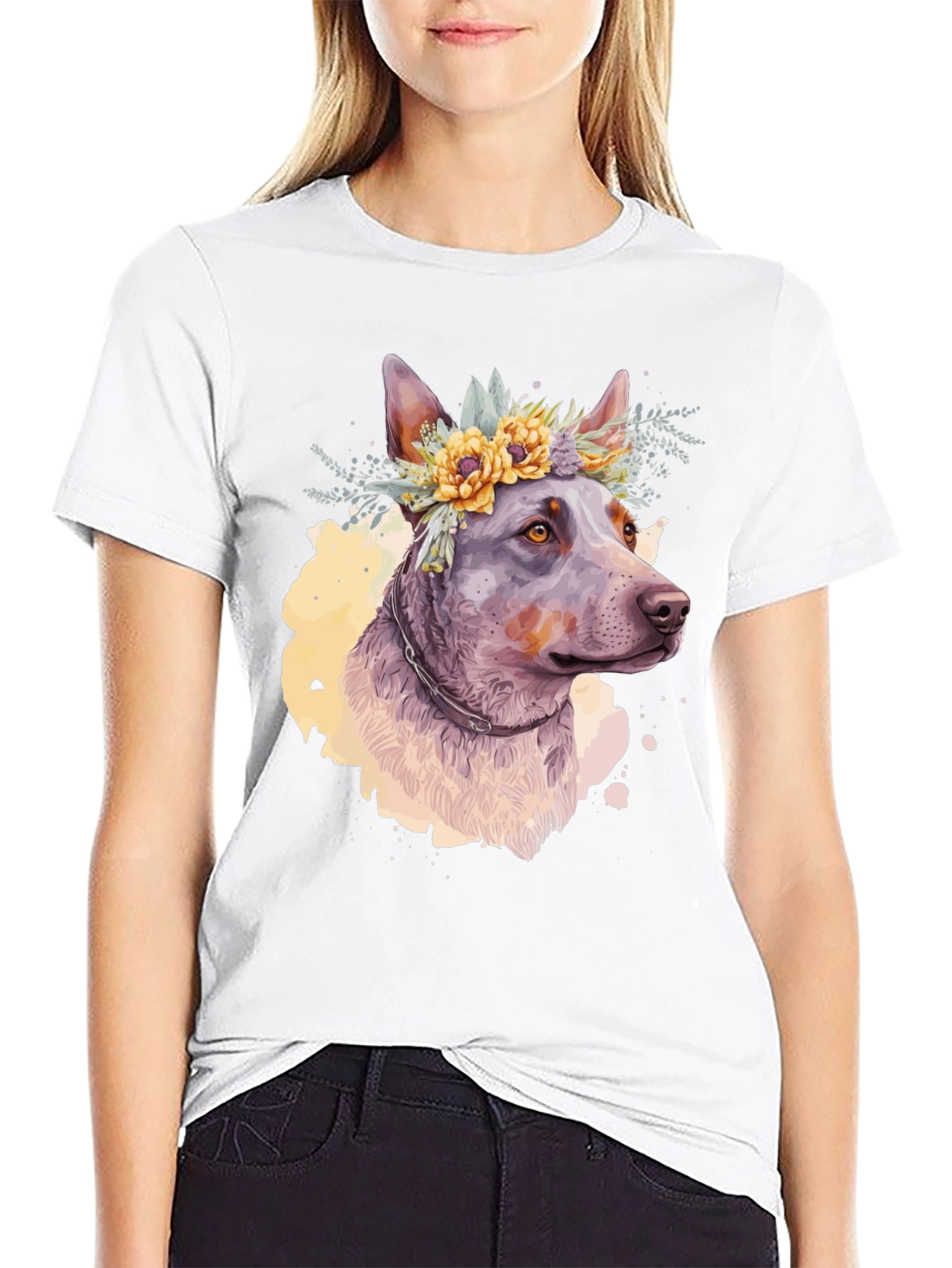 Black Dog with Flower Crown Graphic Tee - Artistic Pet Lover Shirt view 9