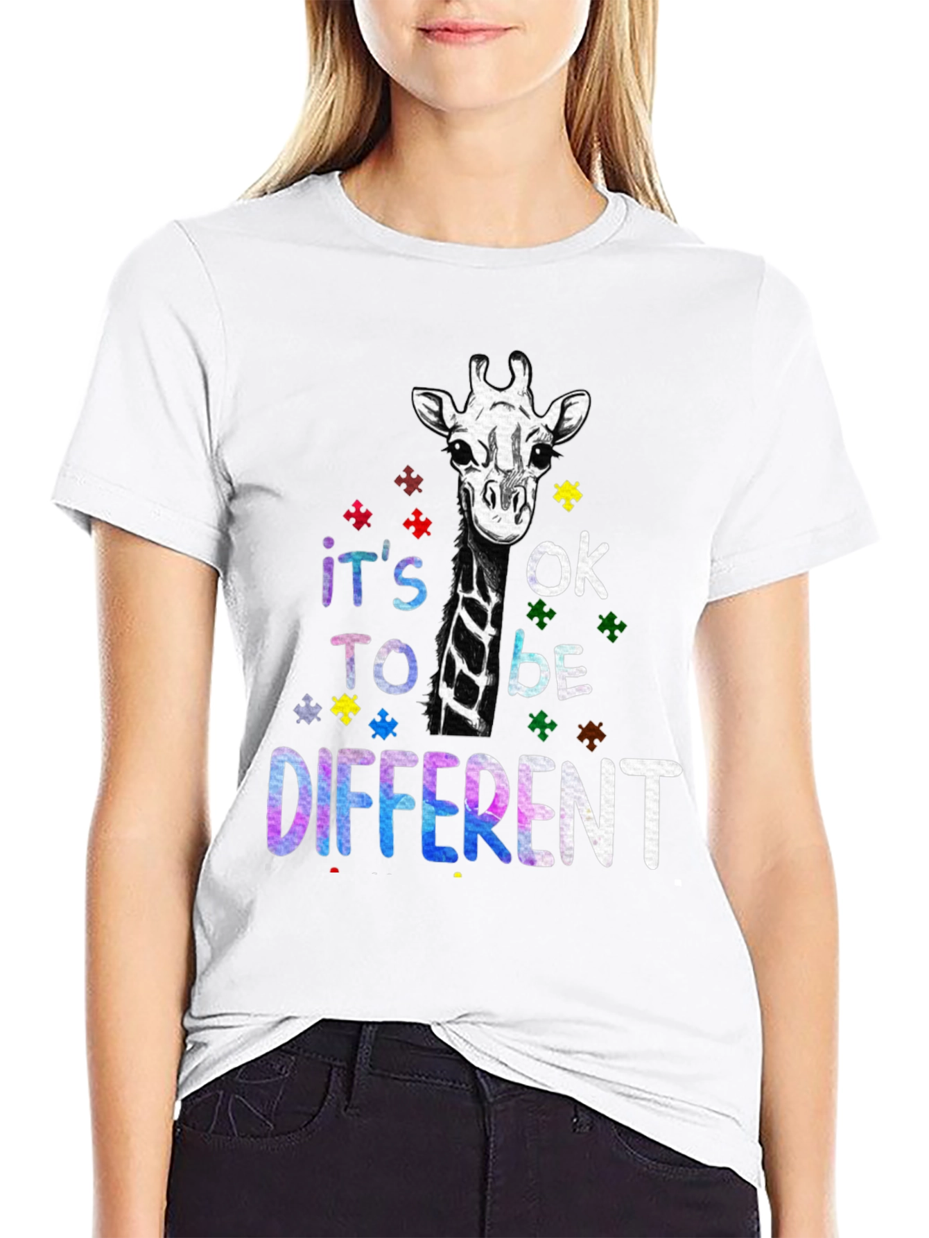Black Autism Awareness Giraffe T-Shirt - It's OK to be Different view 9