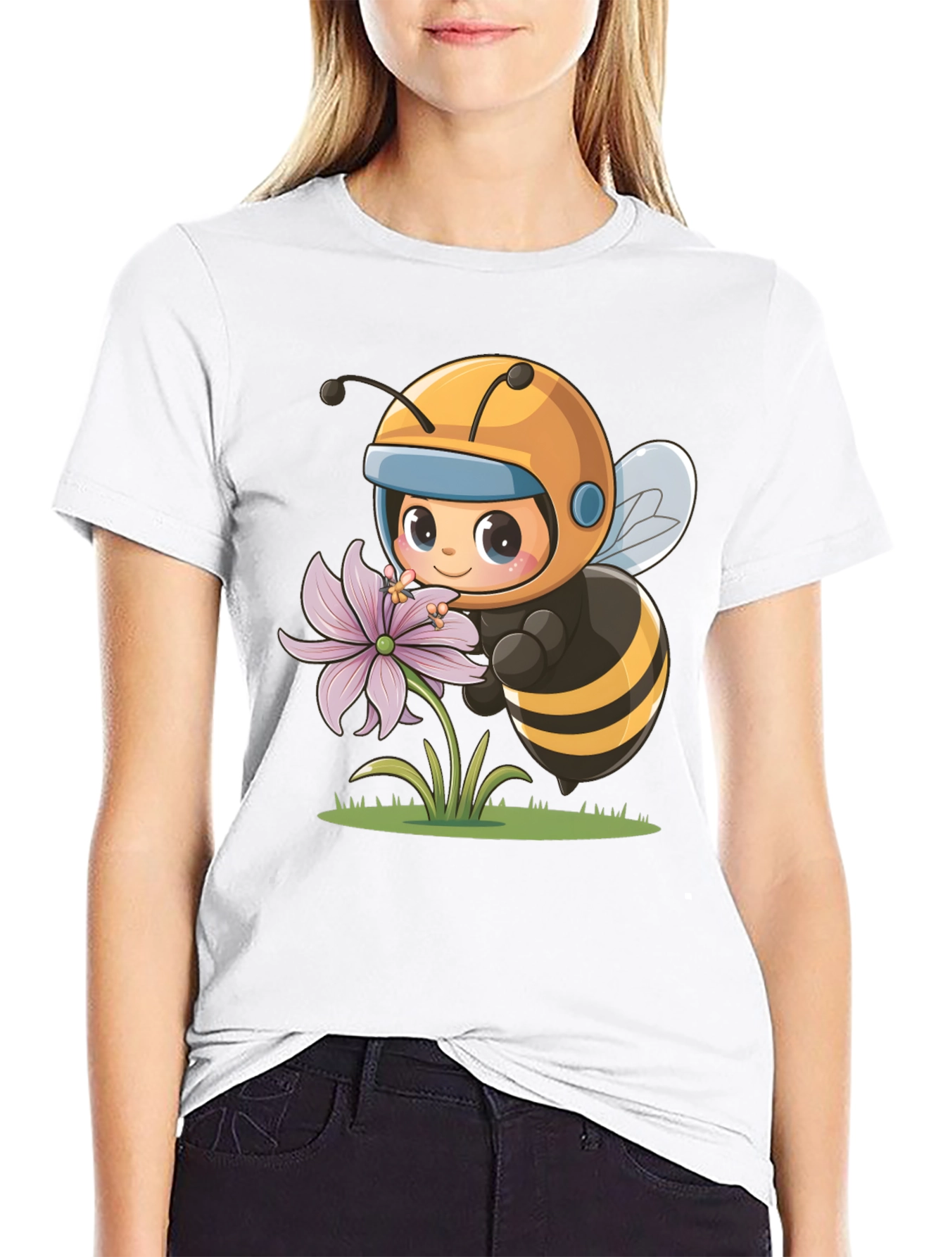 Black Cute Bee & Flower Graphic Tee view 9