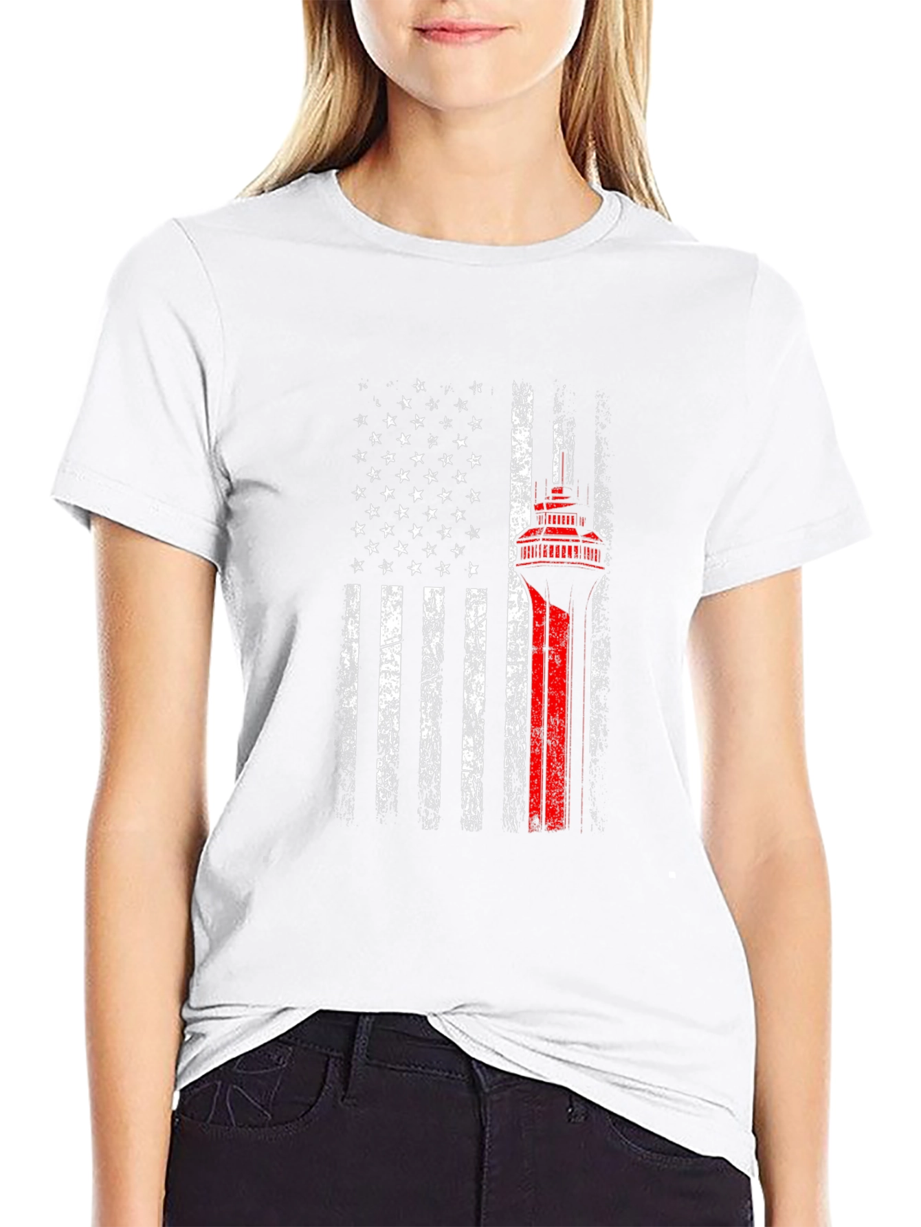 Black American Flag Space Needle Patriotic T-Shirt view 9