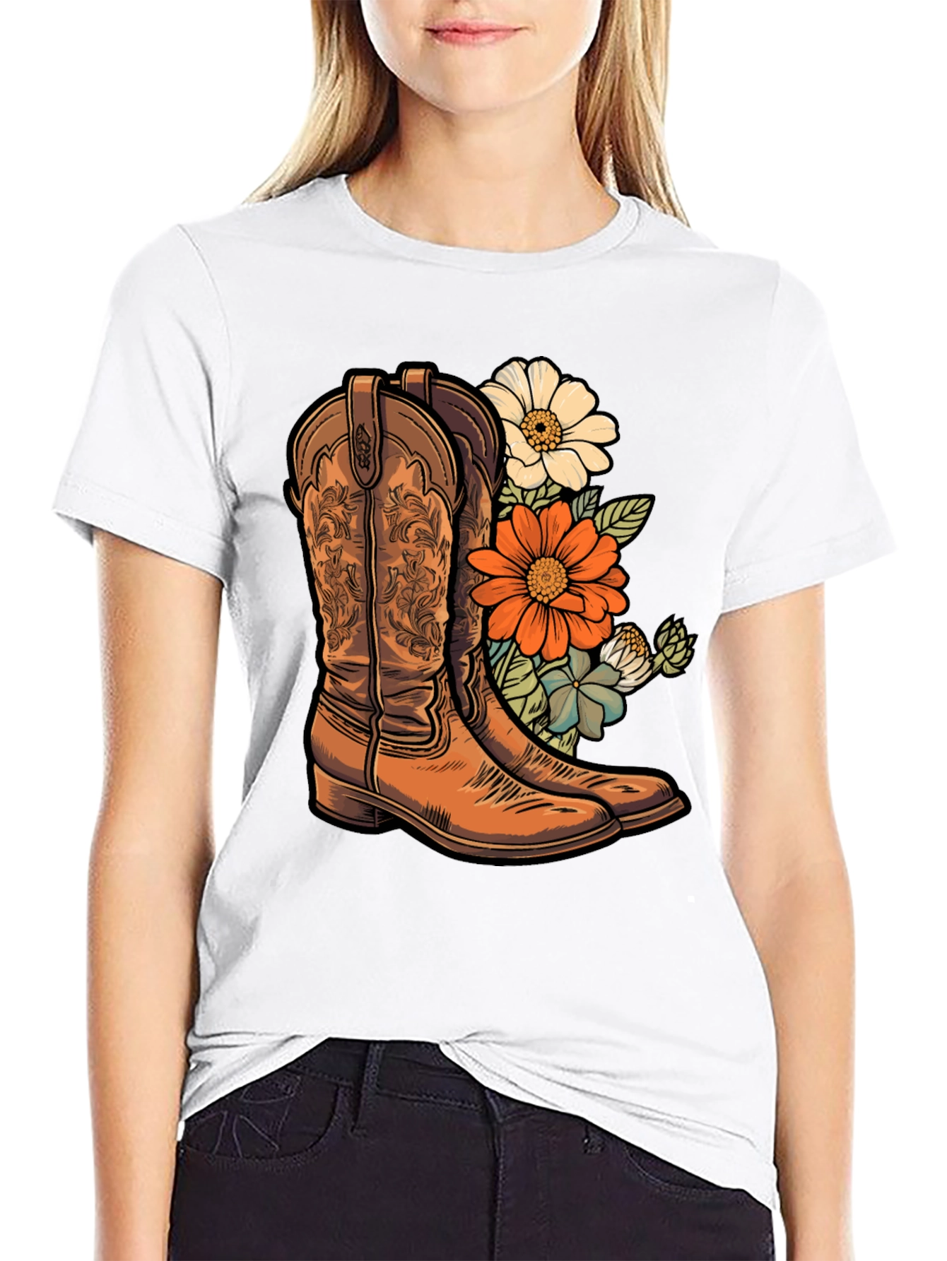 Black Cowboy Boots & Floral T-Shirt - Western Style Tee view 9