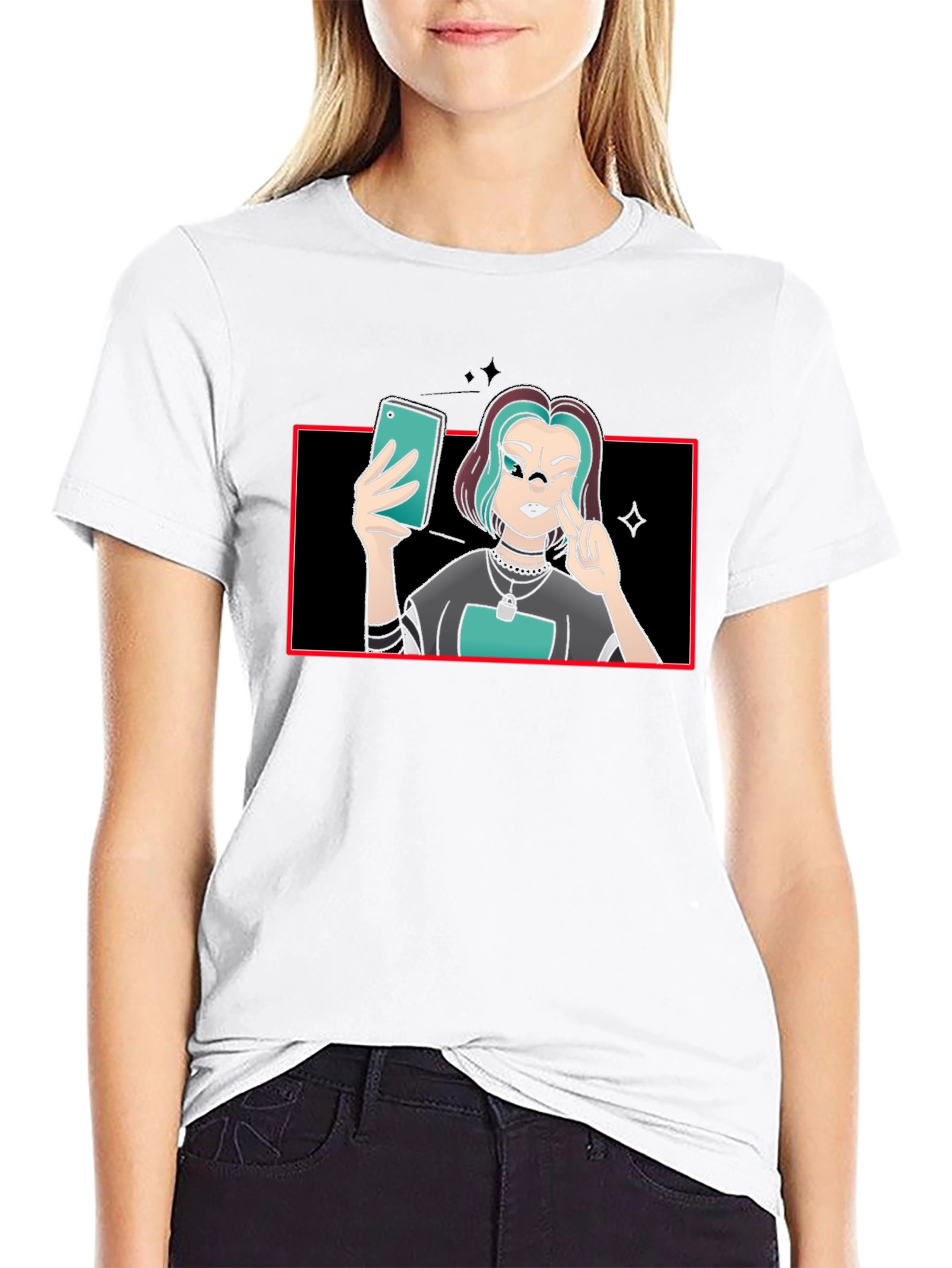 Black Cartoon Selfie Graphic Tee - Black Cotton Blend view 9