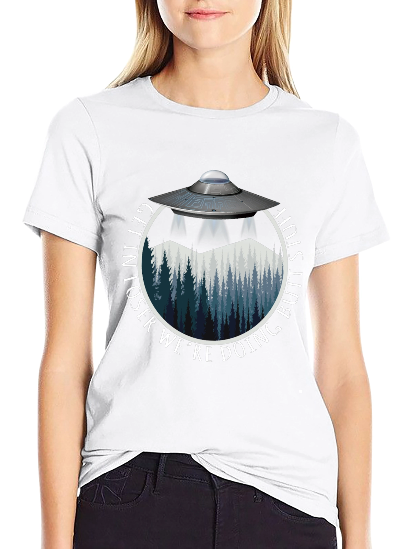 Black Get In Loser We're Doing Butt Stuff Alien UFO T-Shirt view 9