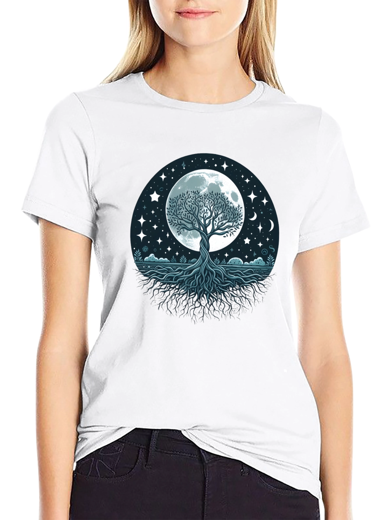 Black Mystic Tree of Life Moon Graphic Tee - Black Cotton Shirt view 9