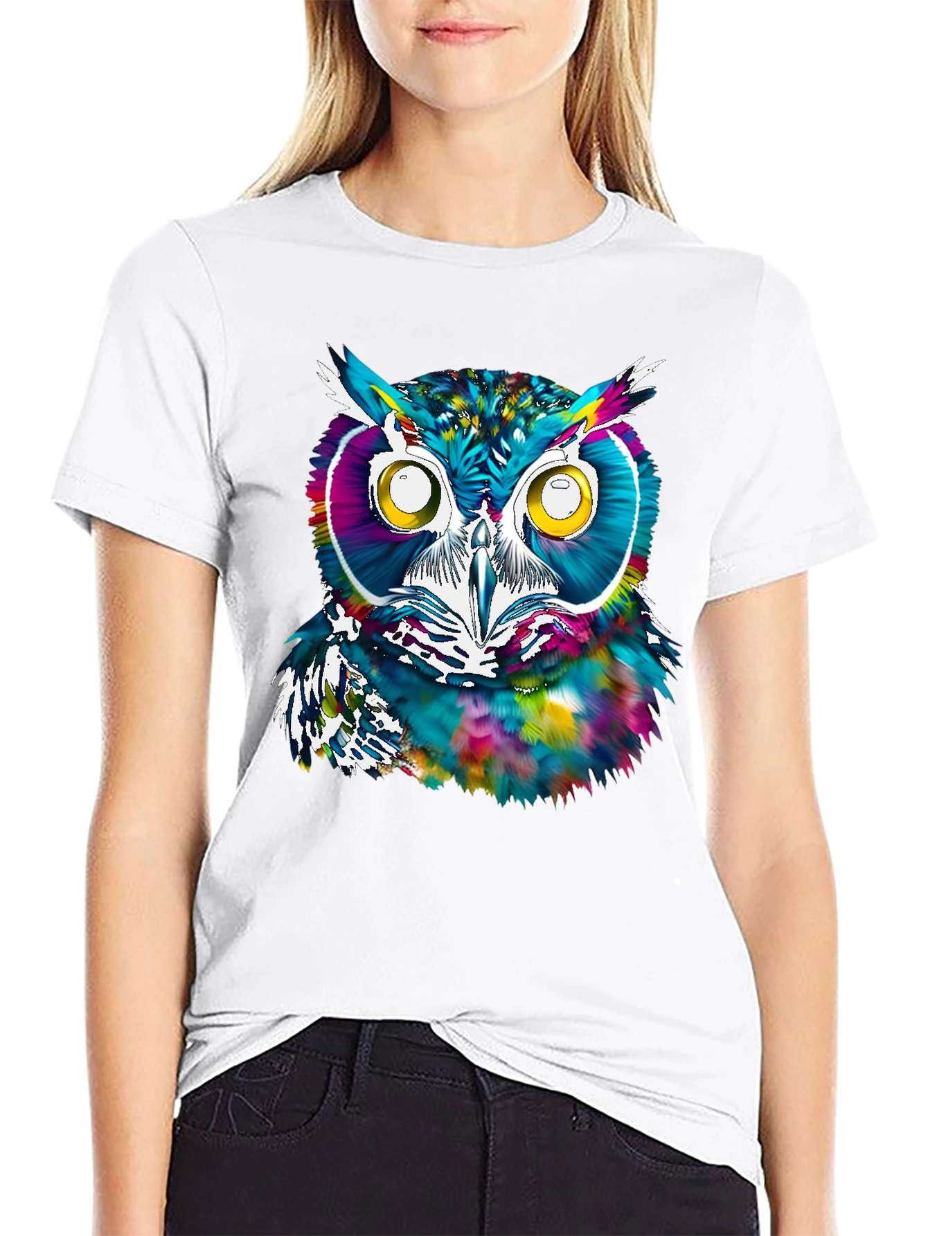 Black Colorful Owl Graphic Print T-Shirt view 9