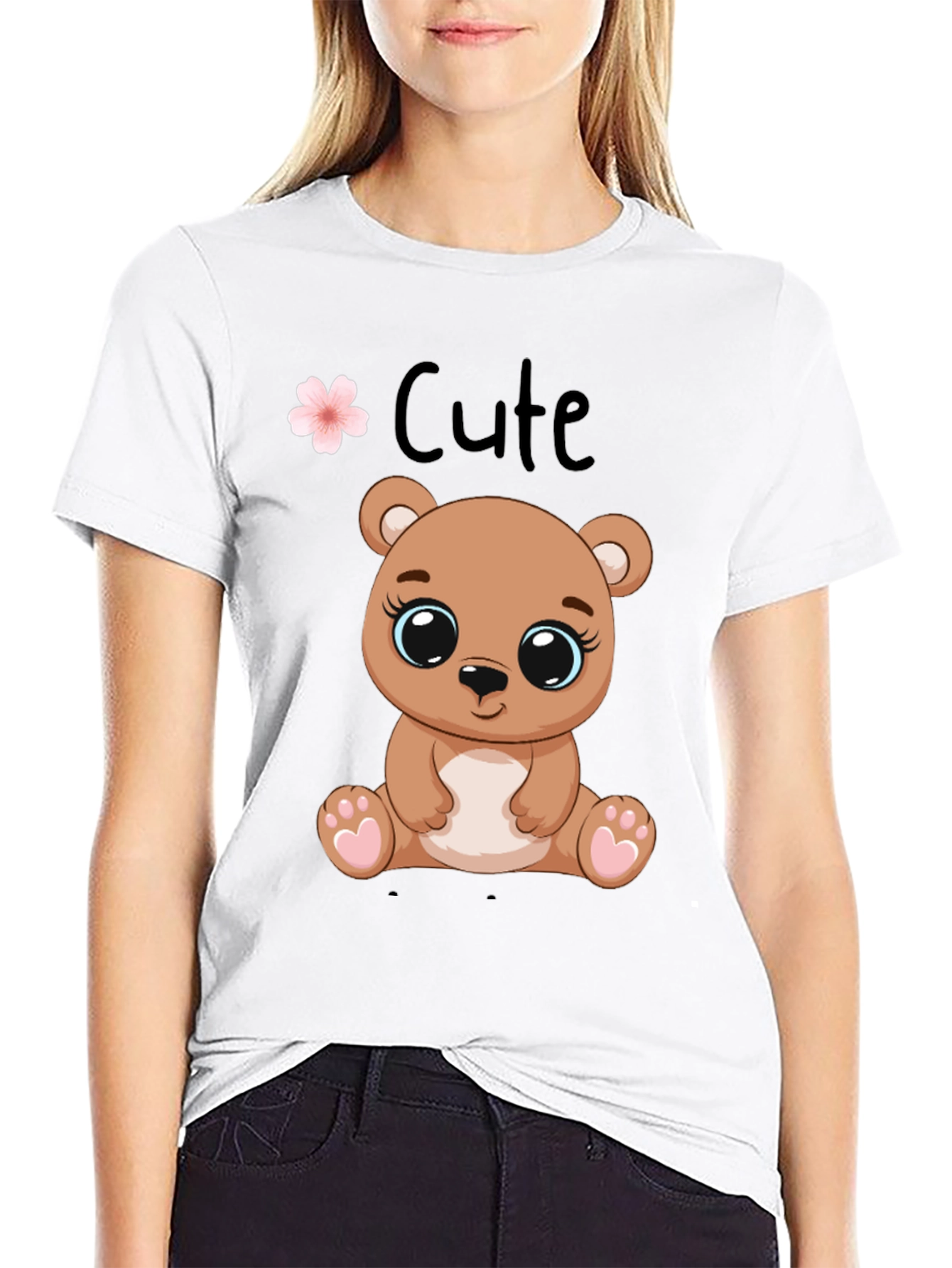 Black Cute Bear Graphic Tee - Black Cotton T-Shirt view 9