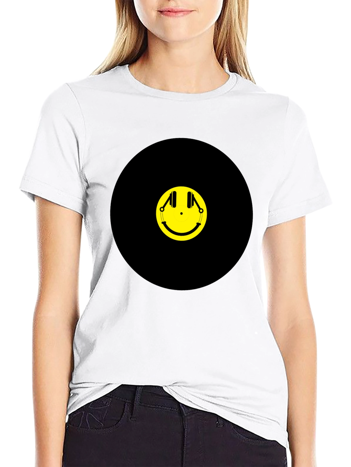 Black Smiley Face Headphones Graphic Tee - Black Cotton T-Shirt view 9
