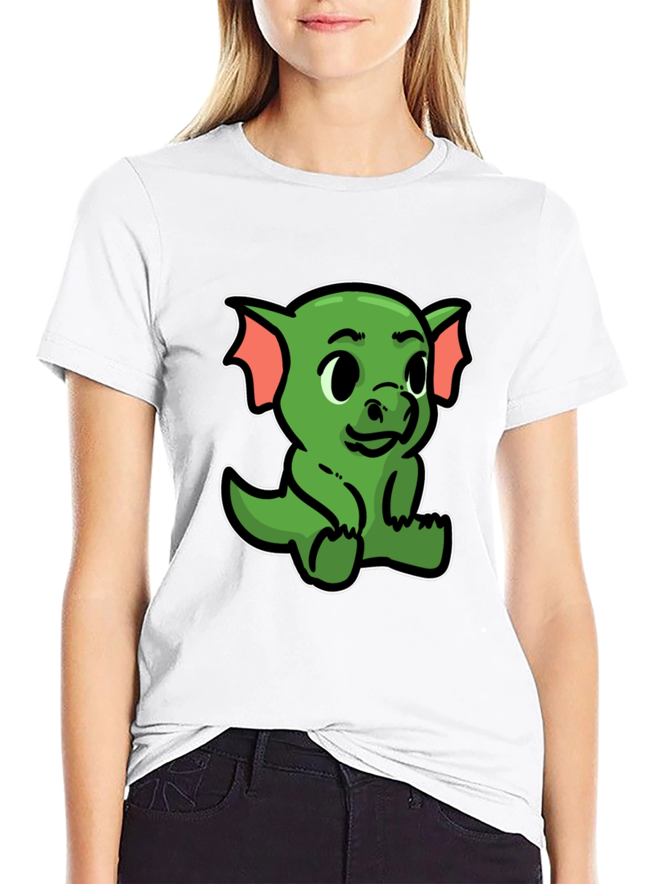 Black Cute Green Dragon Cartoon Black T-Shirt view 9