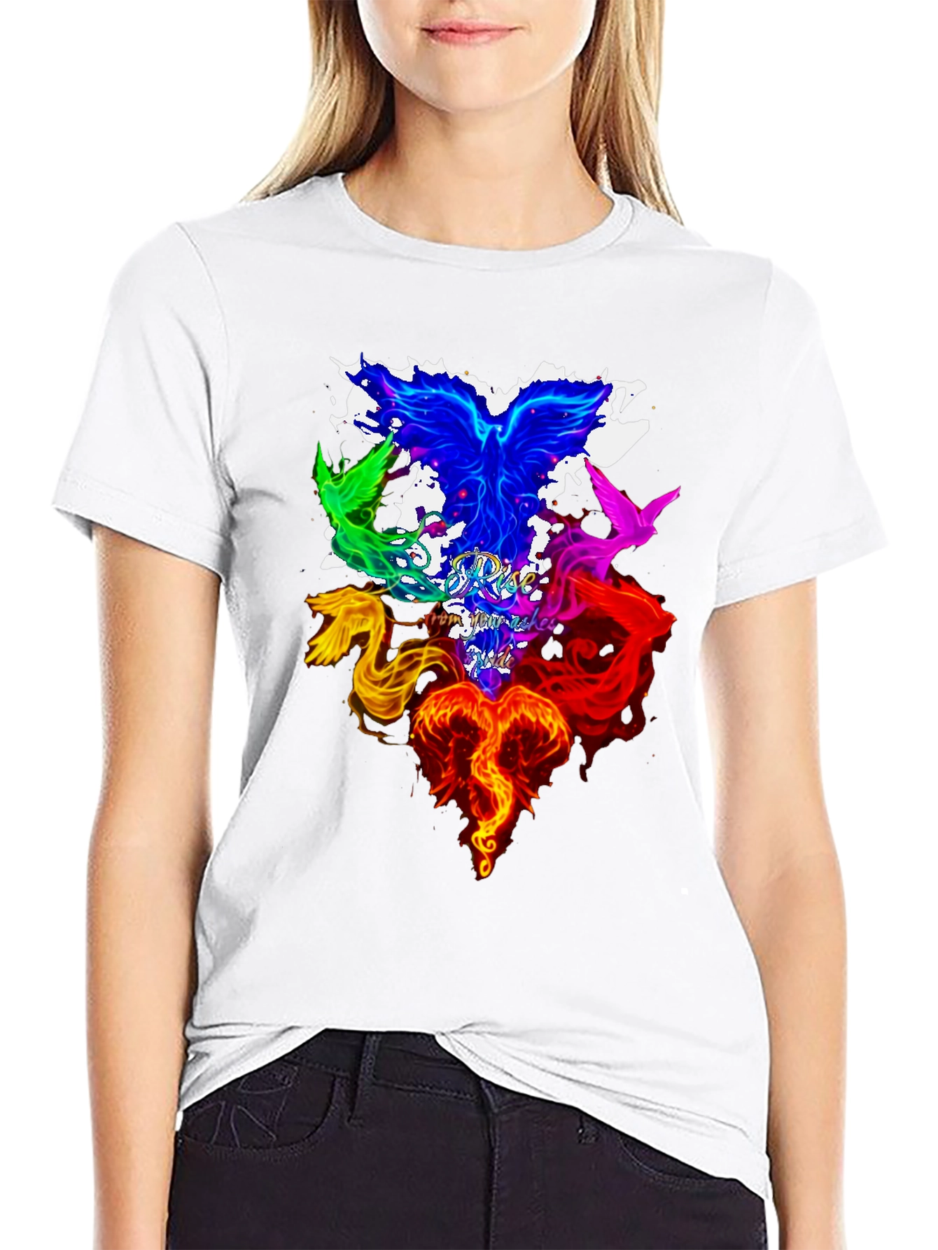 Black Rise from Ashes Phoenix Graphic Tee - Colorful Bird Design view 9