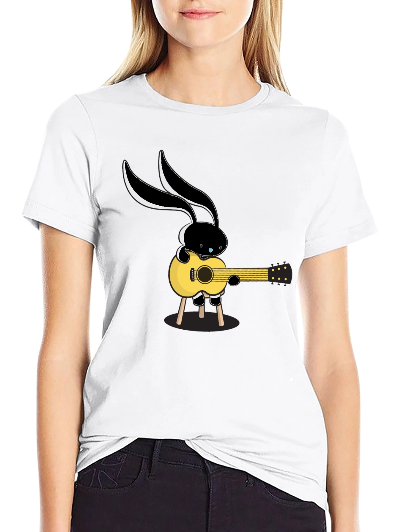 Black Cool Cartoon Bunny Guitarist Black T-Shirt view 9