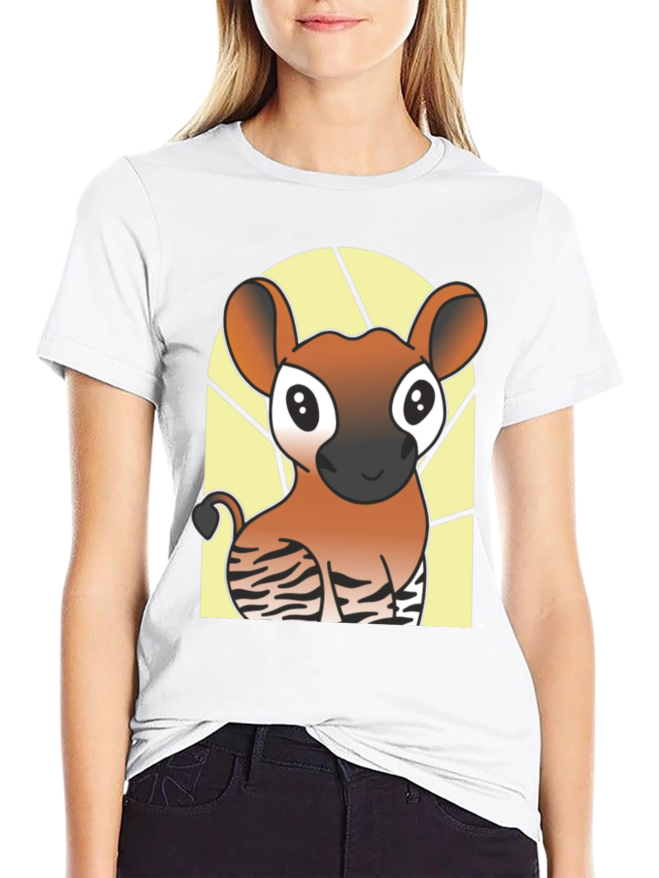 Black Cute Okapi Cartoon Black T-Shirt view 9