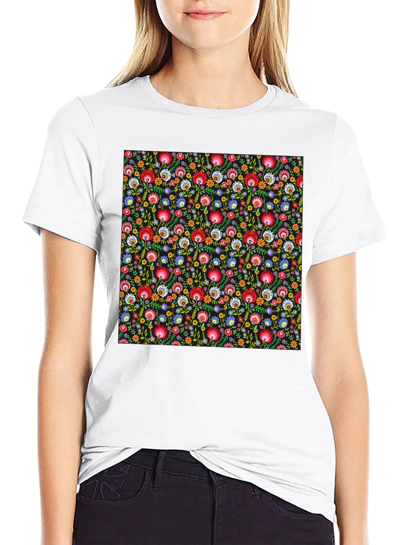 Black Floral Pattern T-Shirt - Vibrant Design view 9