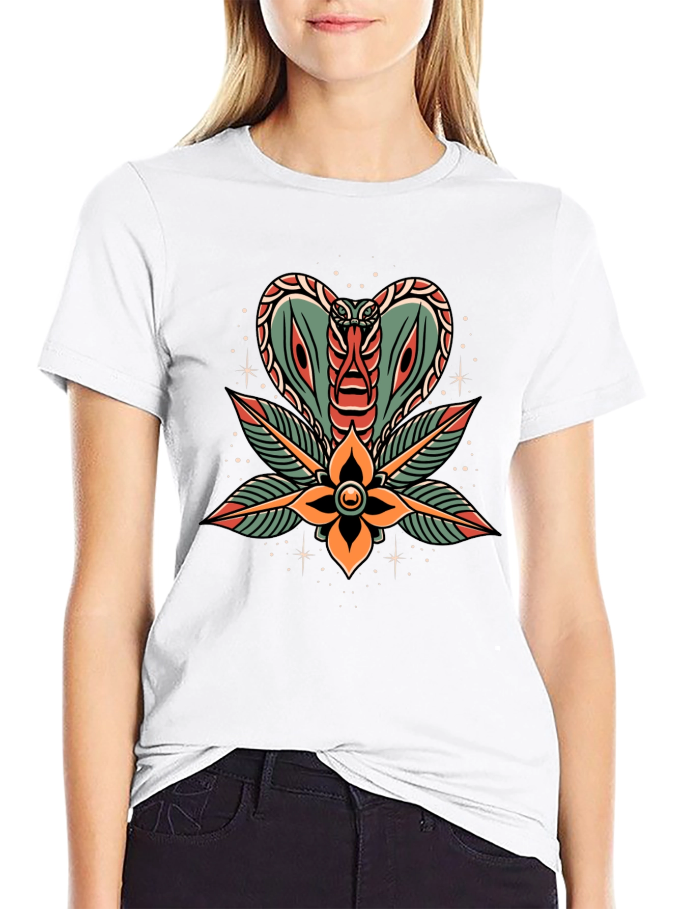 Black Cobra Flower Tattoo Graphic T-Shirt view 9