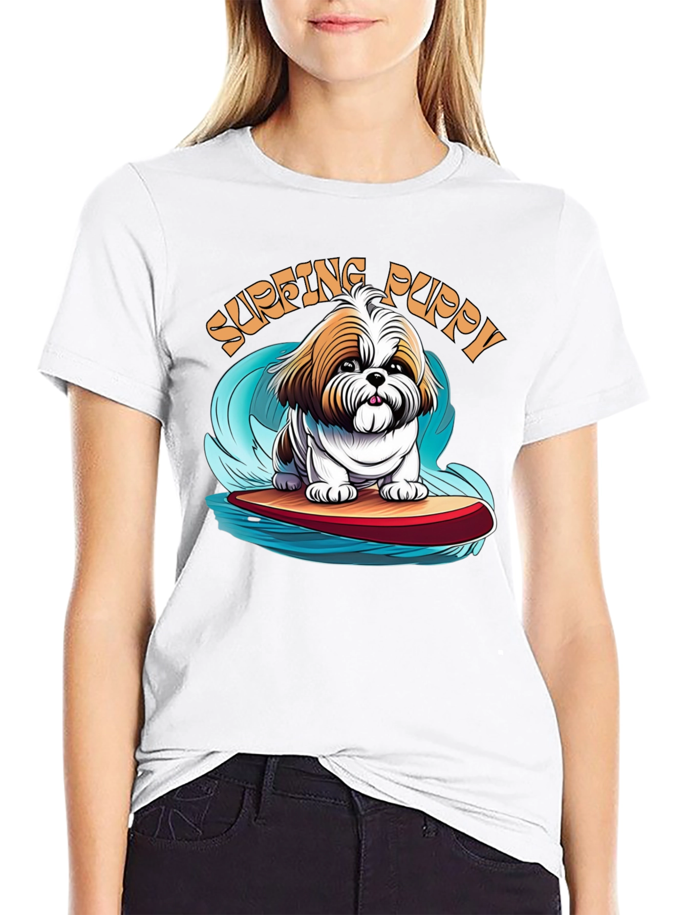 Black Surfing Puppy T-Shirt - Cute Dog Design view 9
