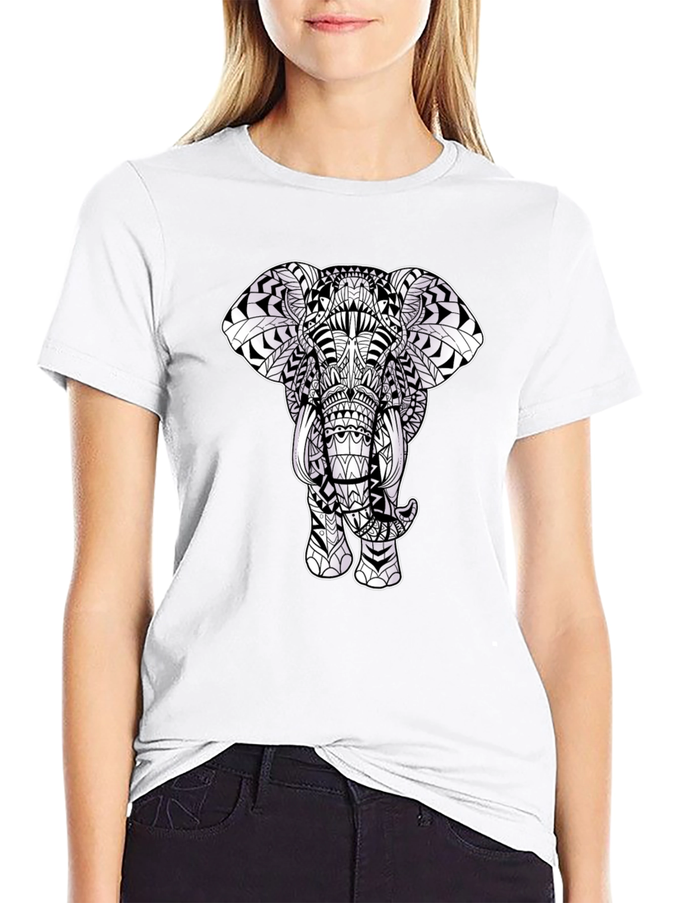 Black Elephant Mandala Print Black T-Shirt view 9