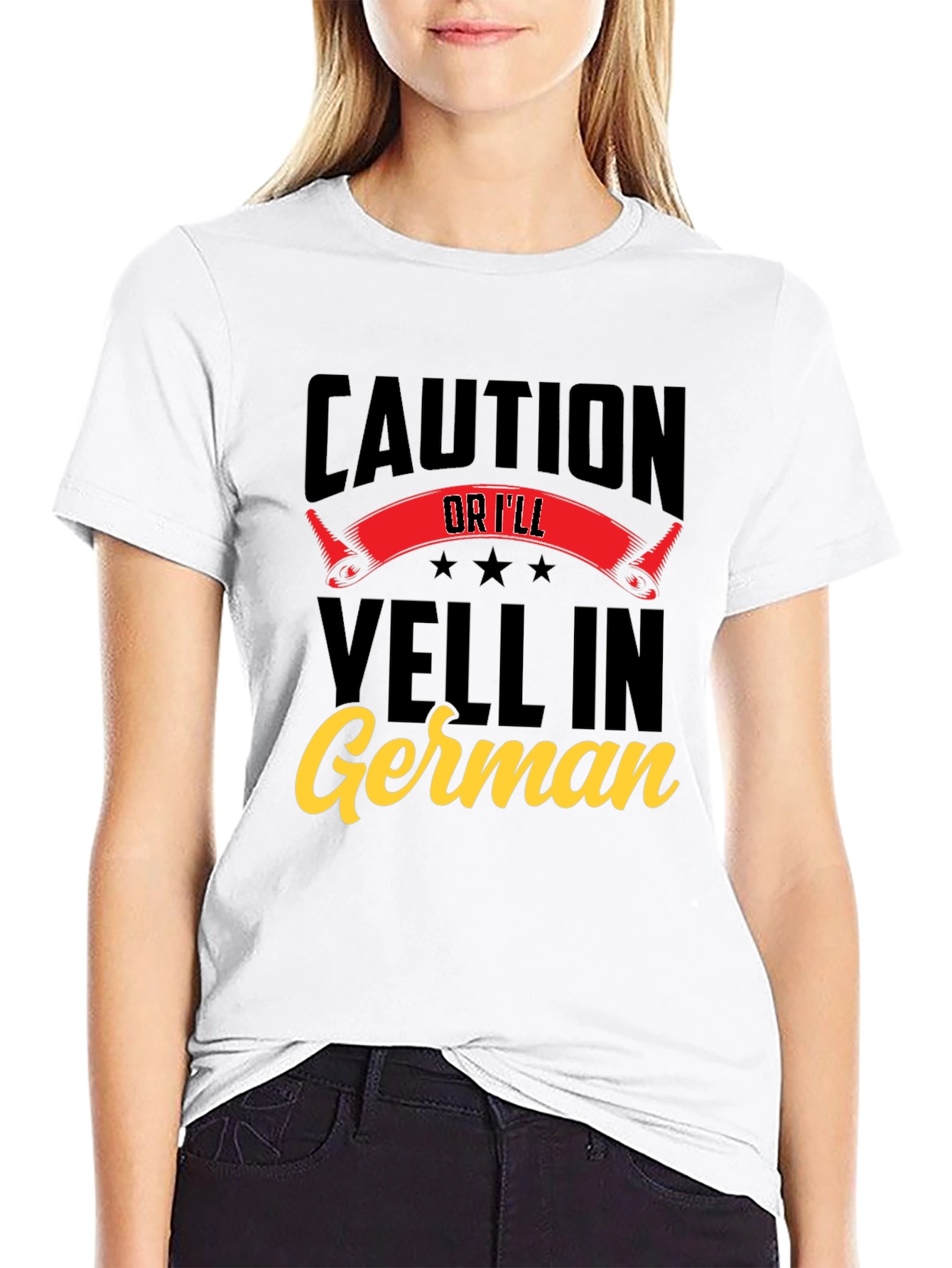 Black Caution Or I'll Yell In German T-Shirt view 9