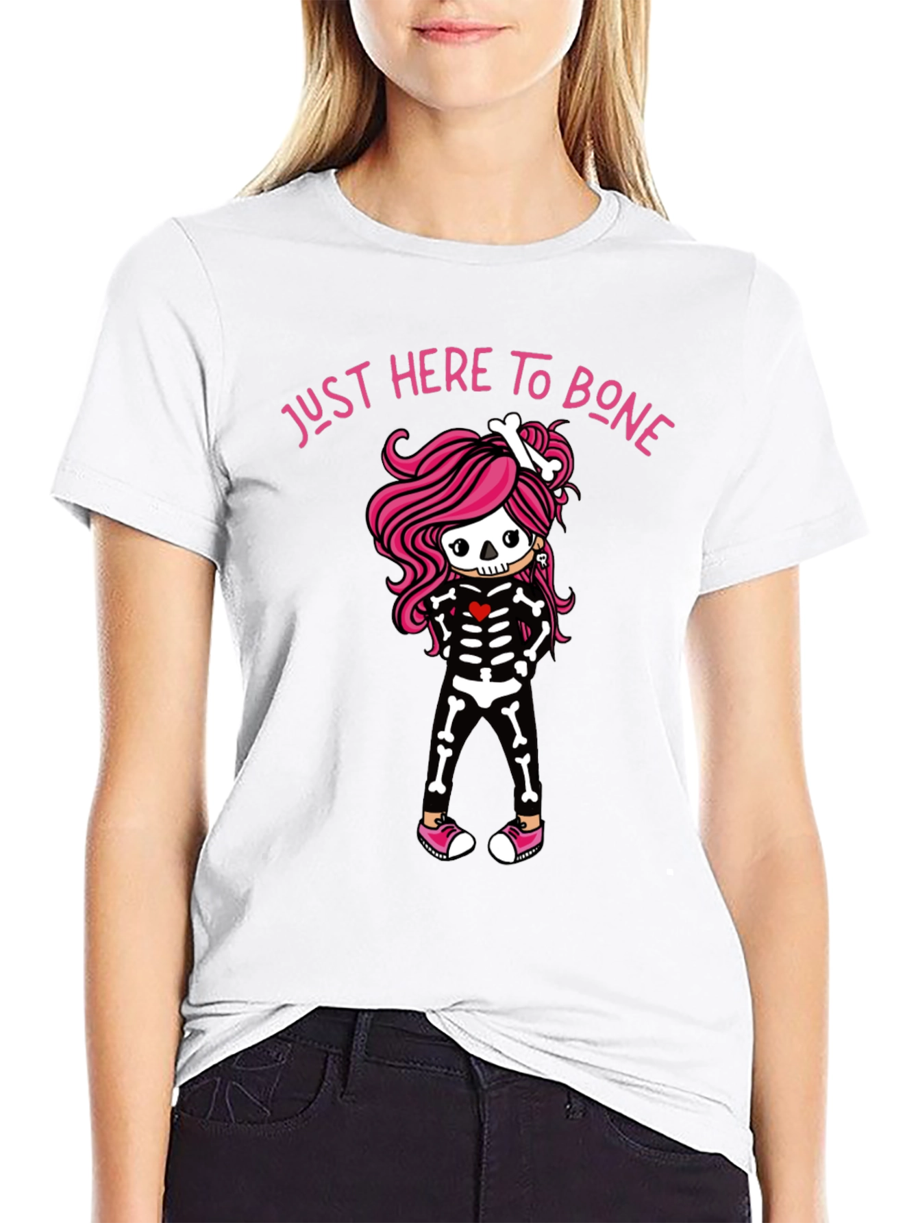 Black Just Here to Bone Skeleton Girl T-Shirt view 9