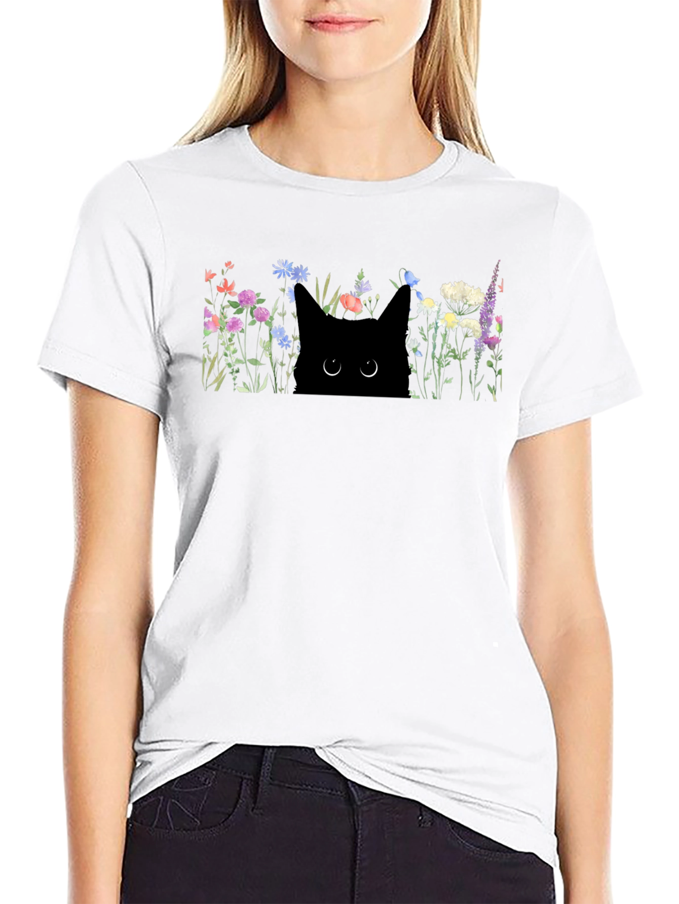 Black Black Cat in Flowers Graphic T-Shirt view 9