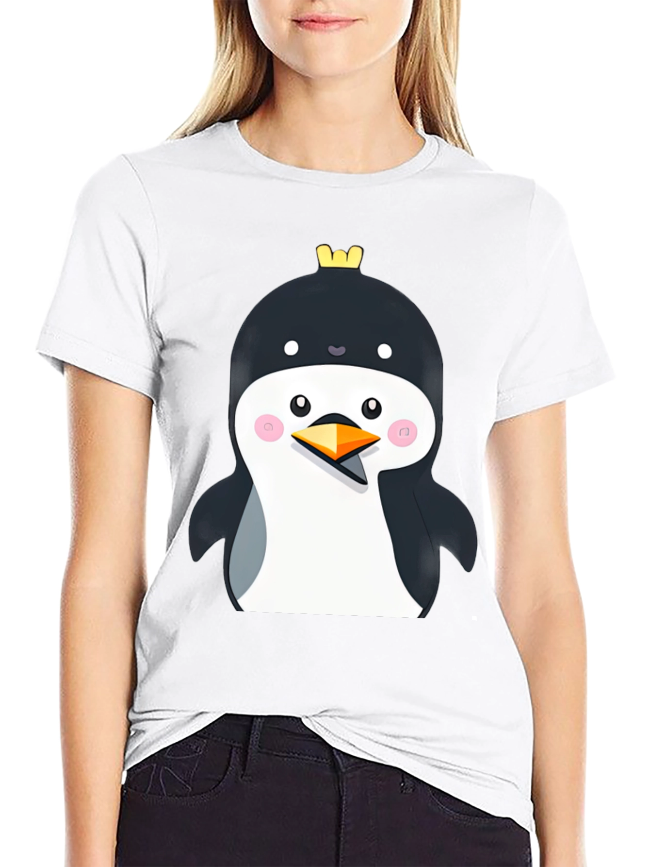 Black Penguin with Crown Black T-Shirt - Cute Cartoon Style view 9