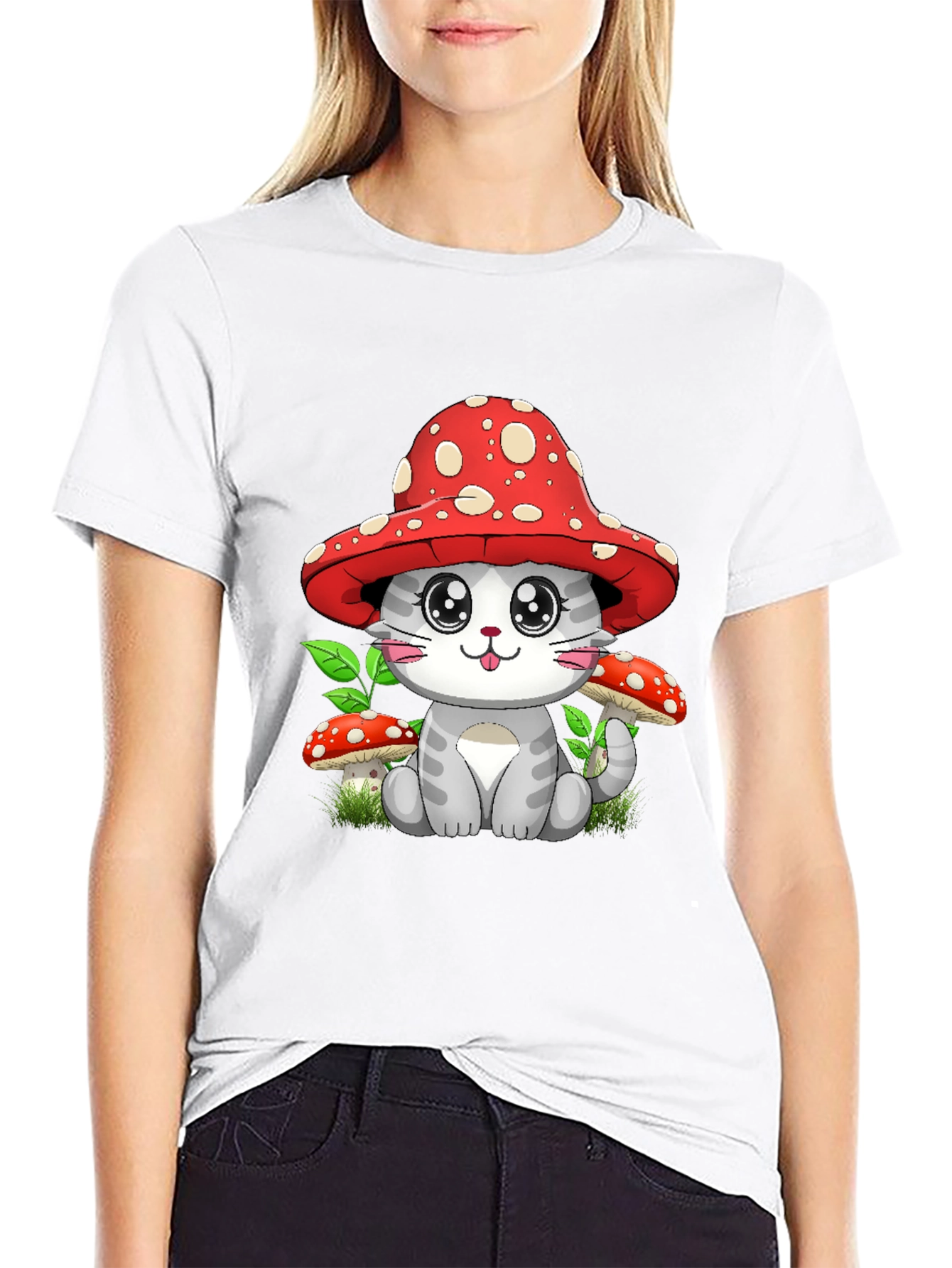 Black Mushroom Cat Graphic Tee - Whimsical Design view 9
