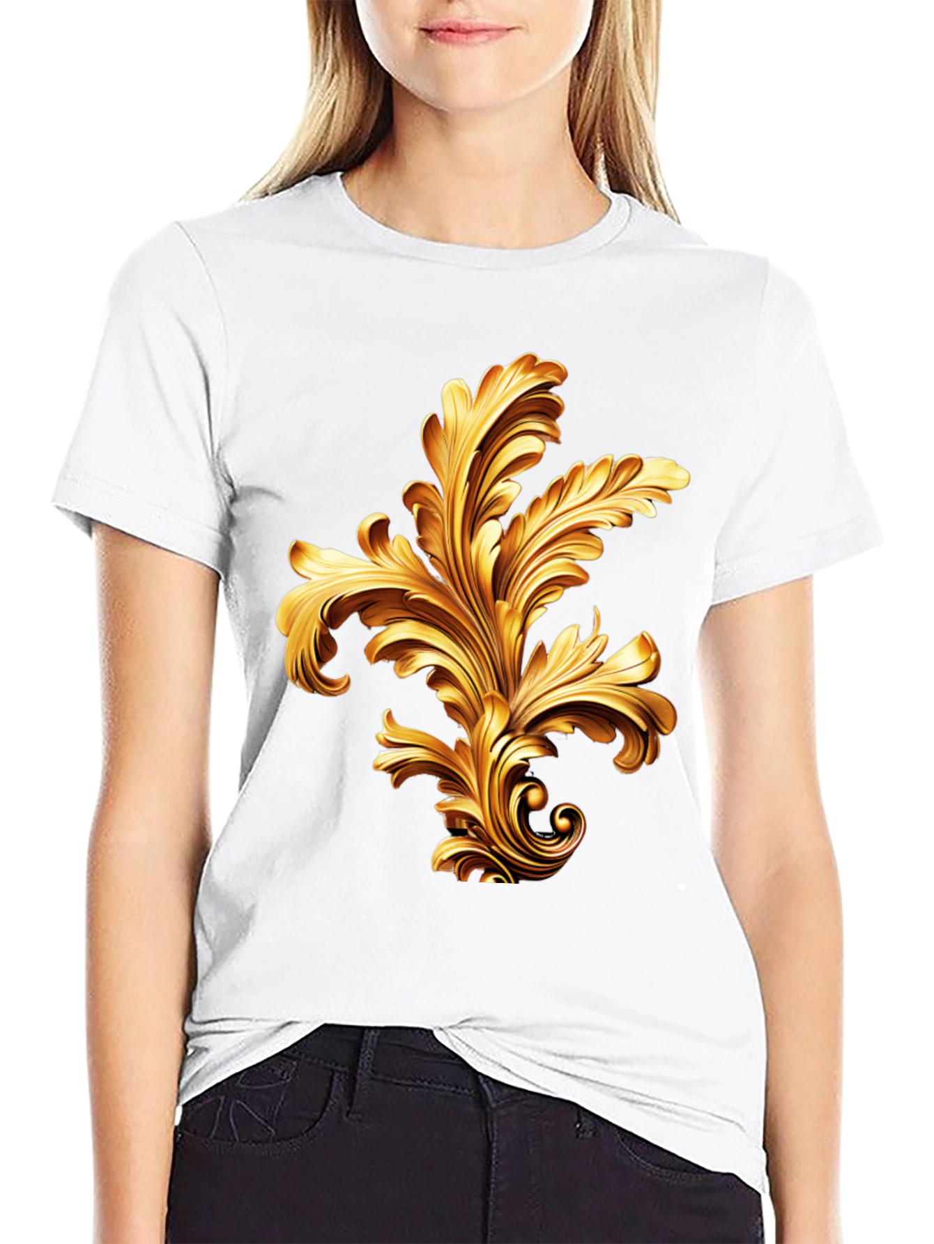 Black Elegant Black T-Shirt with Golden Baroque Design view 9