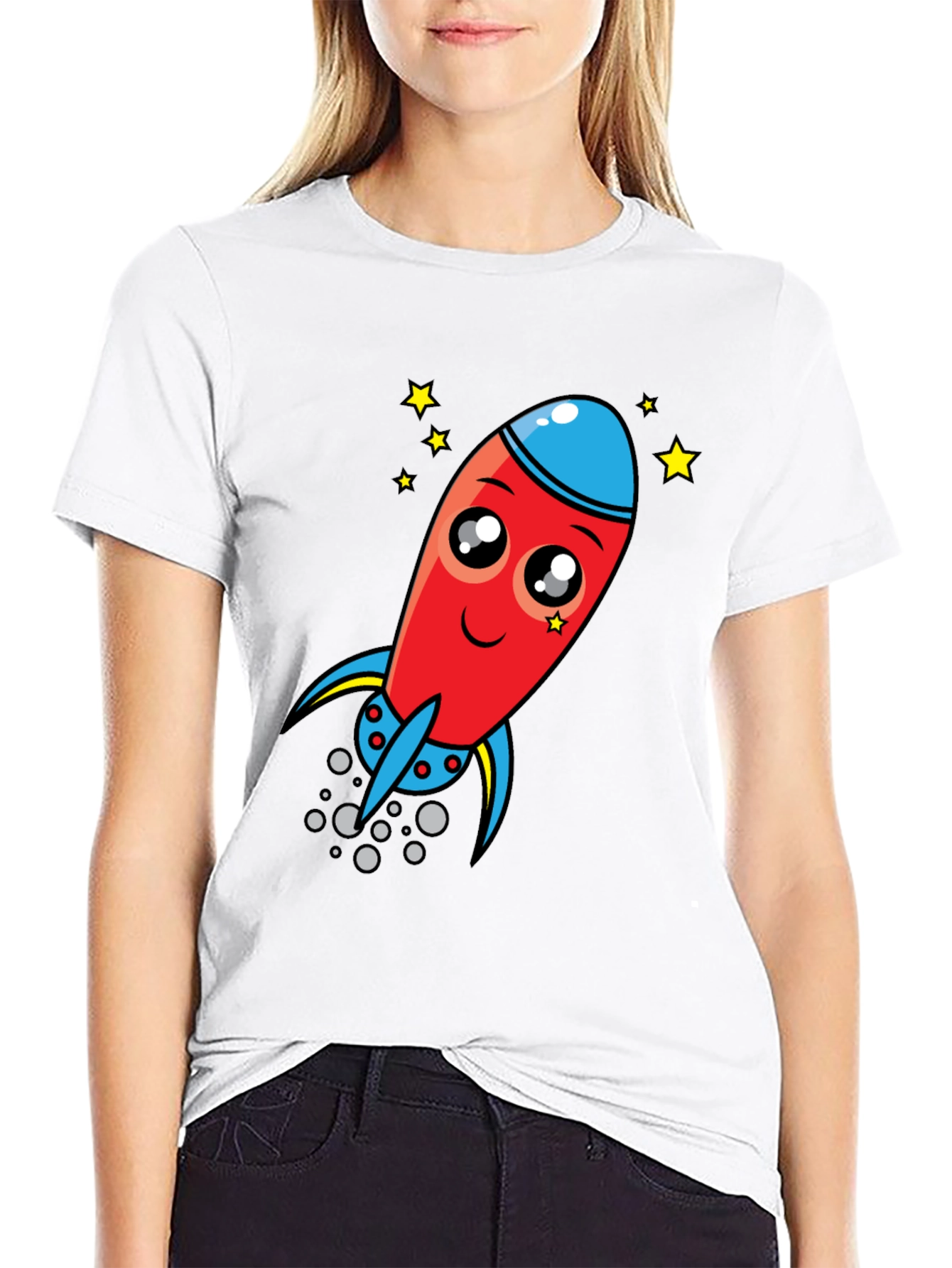 Black Cartoon Rocket Graphic Tee - Black Cotton T-Shirt view 9