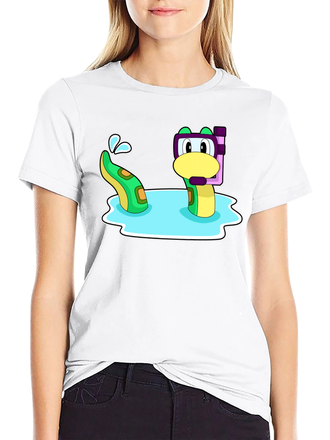 Black Cartoon Sea Serpent Snorkel T-Shirt view 9