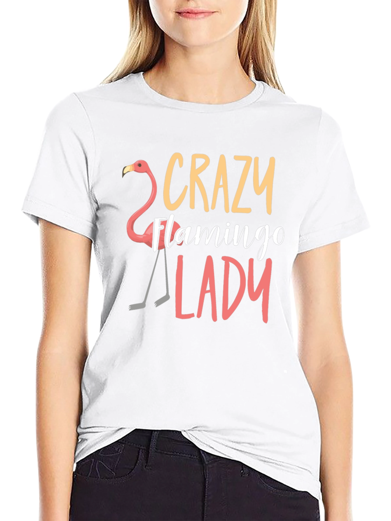 Black Crazy Flamingo Lady T-Shirt - Novelty Tee view 9
