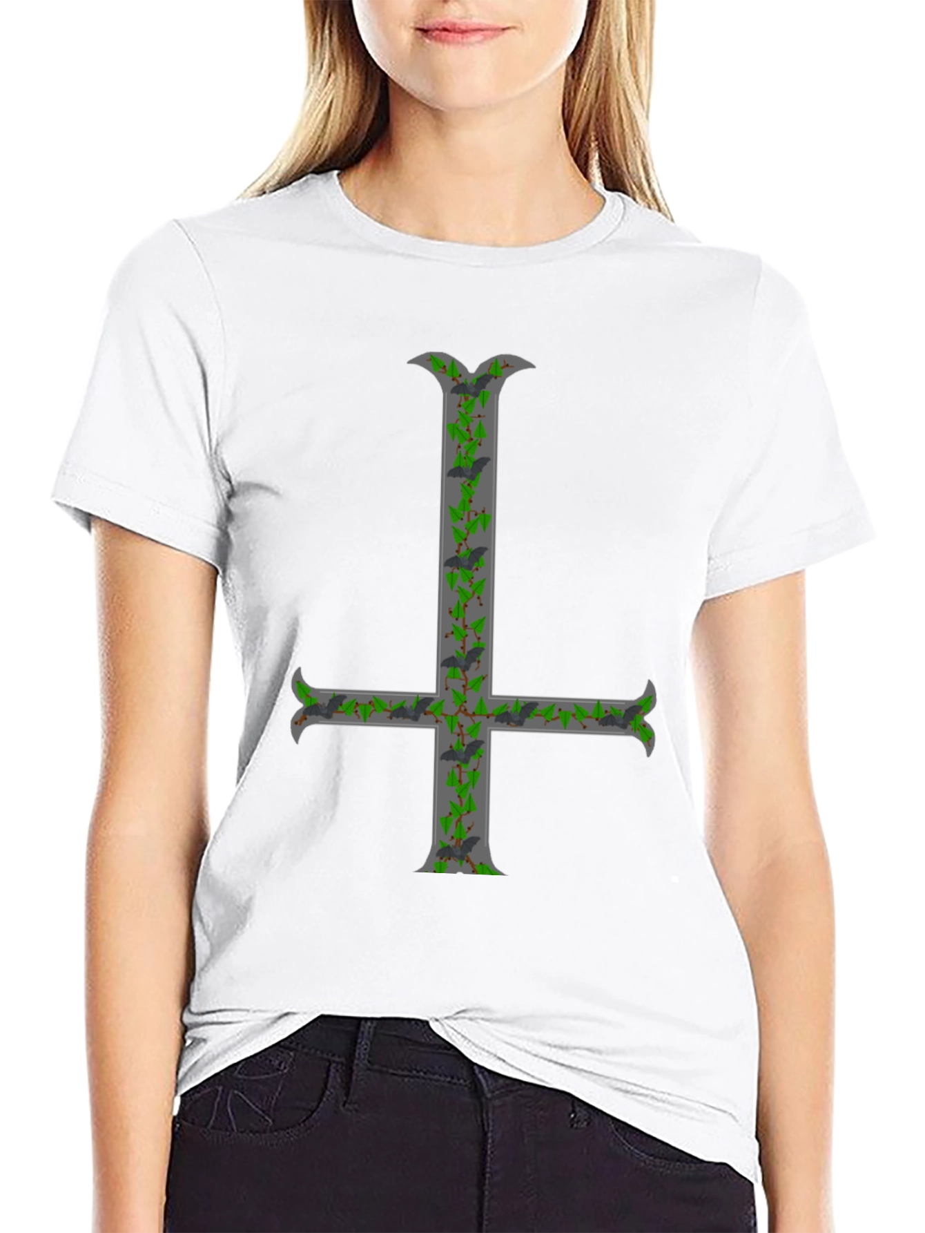 Black Inverted Cross T-Shirt with Bats and Ivy view 9