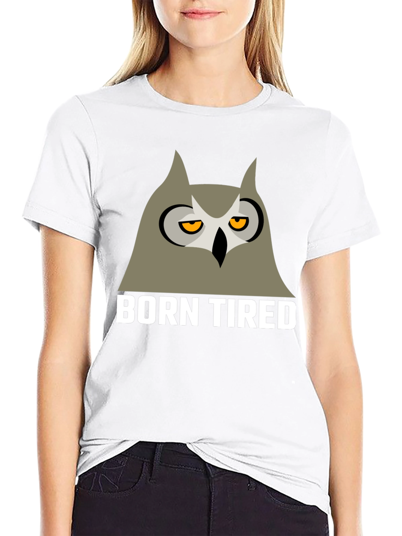Black Born Tired Owl Graphic T-Shirt -  Black Crew Neck Tee view 9