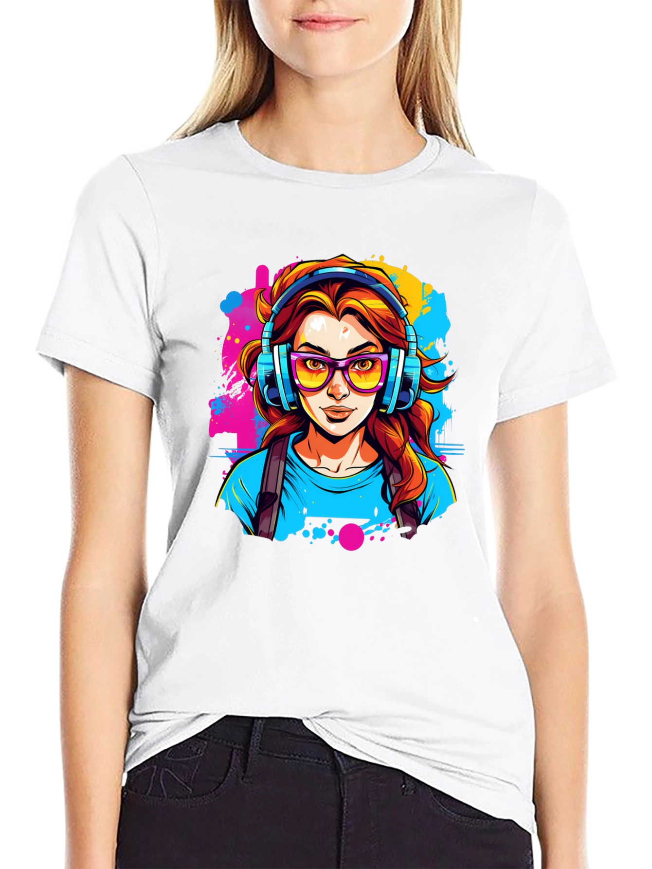Black Graphic Print T-Shirt - Woman with Headphones view 9