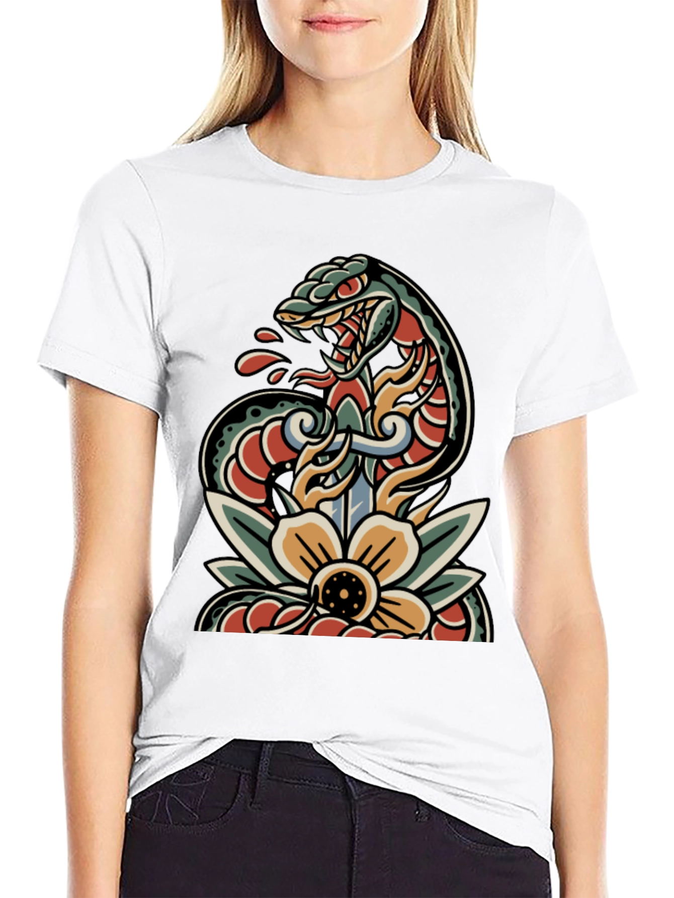 Black Snake & Dagger Tattoo Style T-Shirt view 9