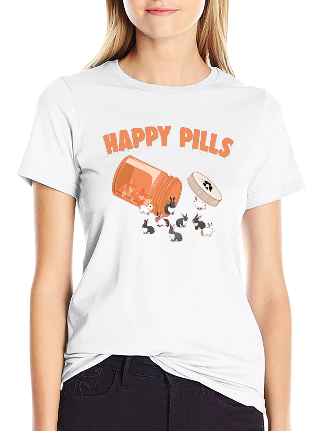 Black Happy Pills Bunny T-Shirt, Novelty Graphic Tee view 9