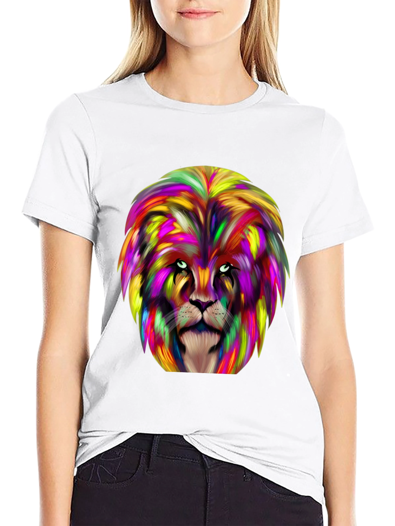 Black Colorful Lion Graphic Black T-Shirt view 9