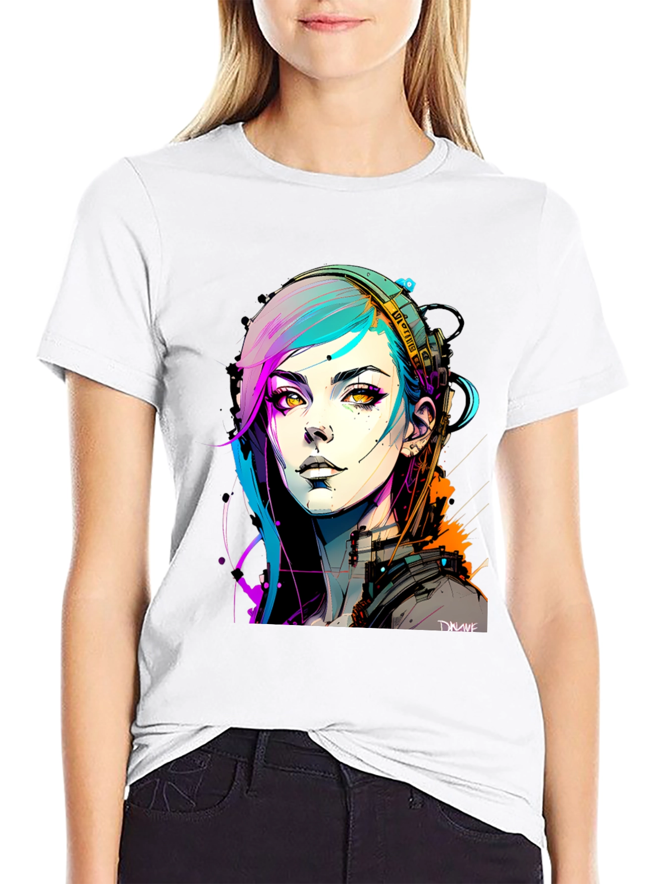 Black Cyberpunk Girl Graphic Tee - Black Cotton T-Shirt view 9