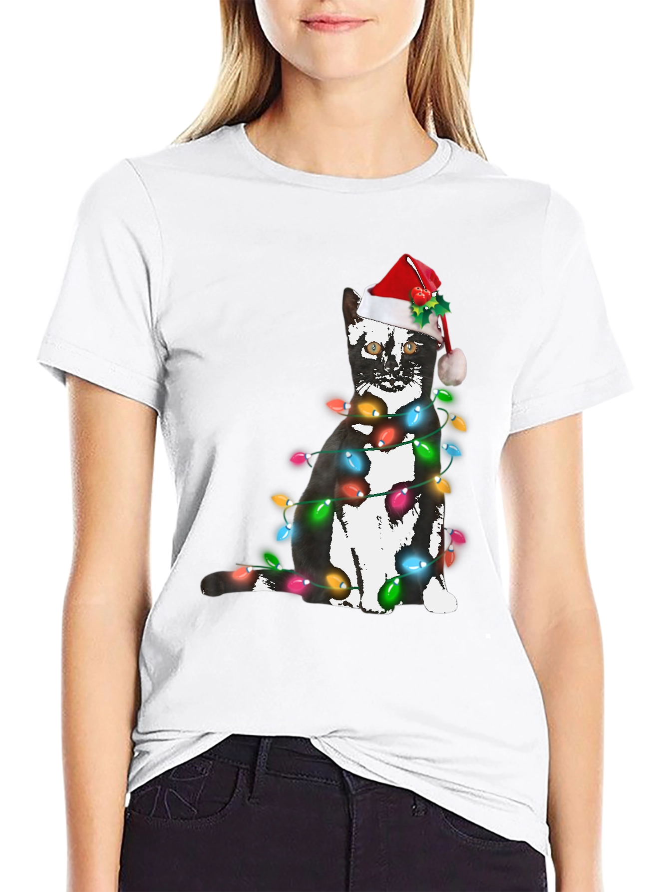 Black Festive Cat Christmas Lights T-Shirt view 9