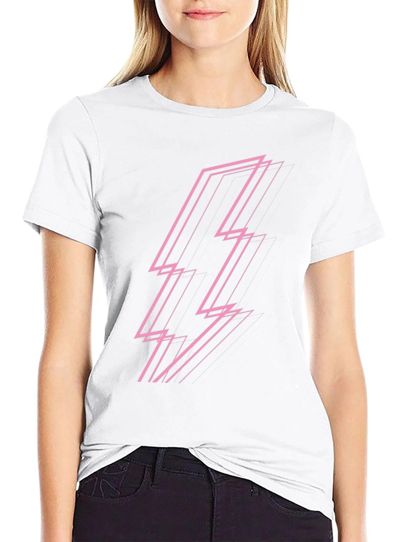 Black Modern Pink Lightning Bolt Graphic Black T-Shirt view 9