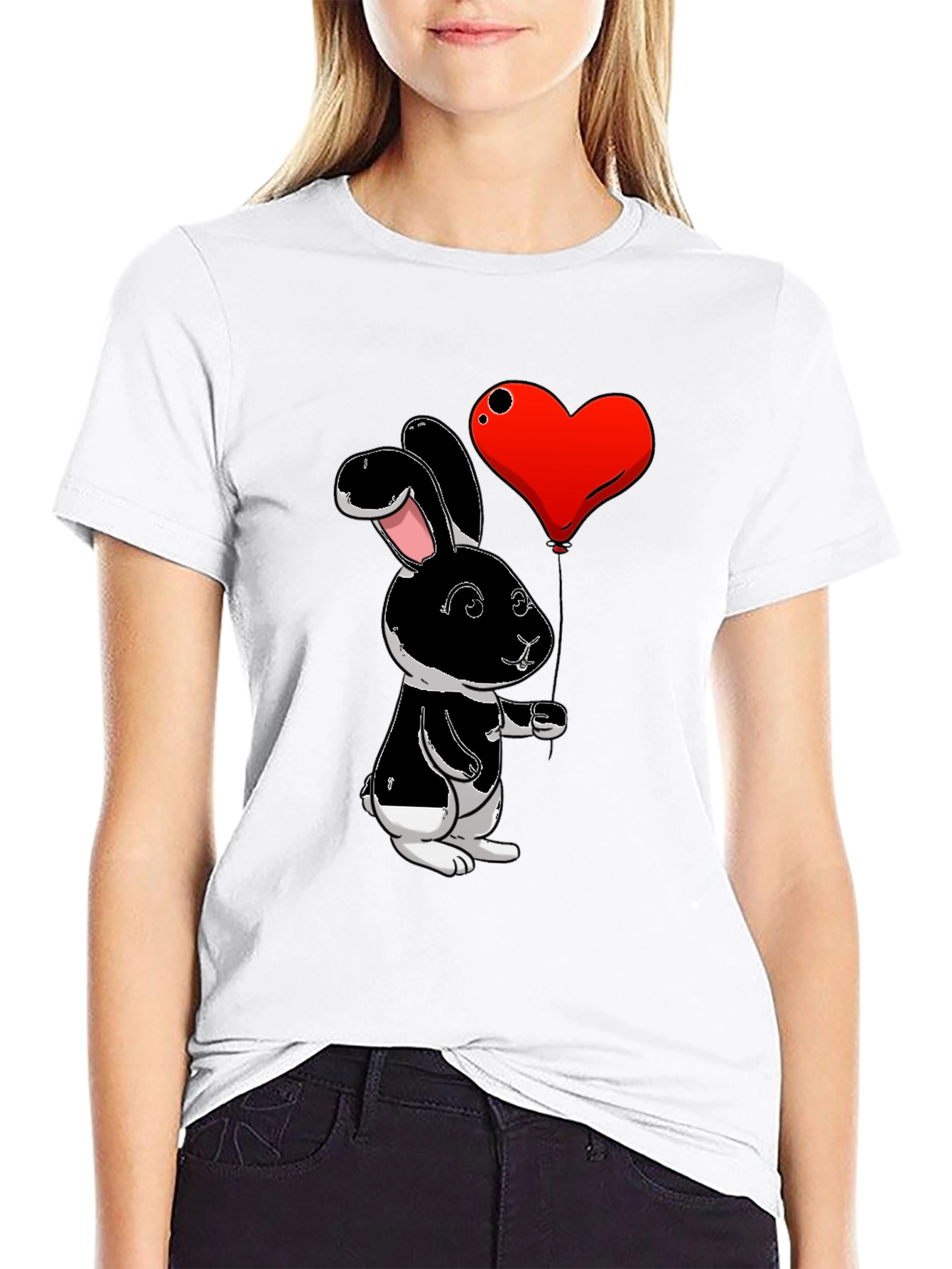 Black Black Bunny Heart Balloon Graphic T-Shirt view 9