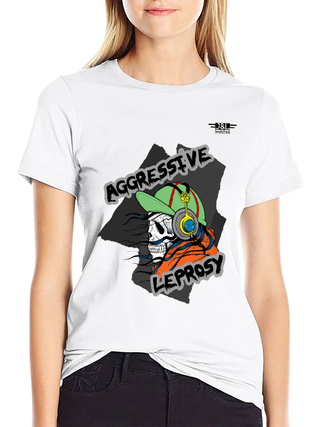 Black Aggressive Leprosy Graphic Tee - Skull with Headphones view 9