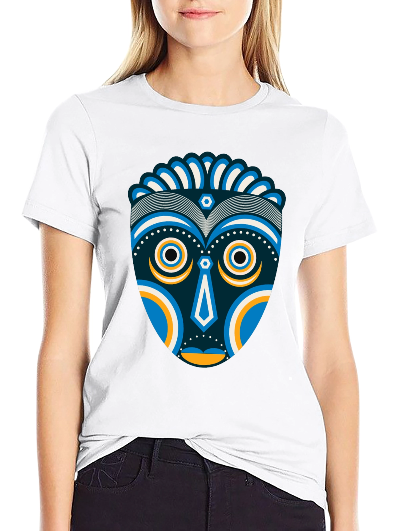 Black Tribal Mask Graphic Tee - Unique Design, Black Cotton Shirt view 9