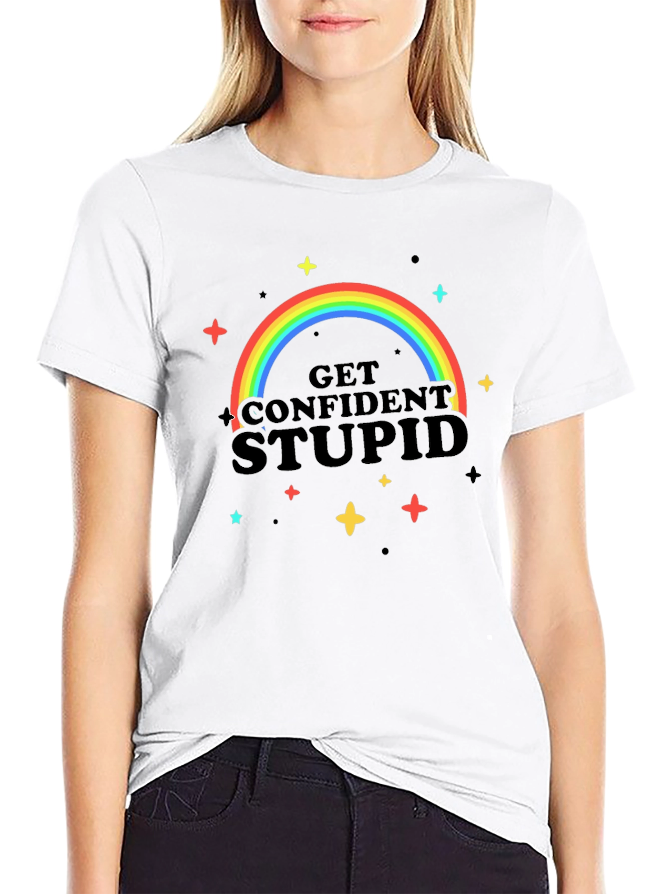 Black Get Confident Stupid Rainbow T-Shirt view 9
