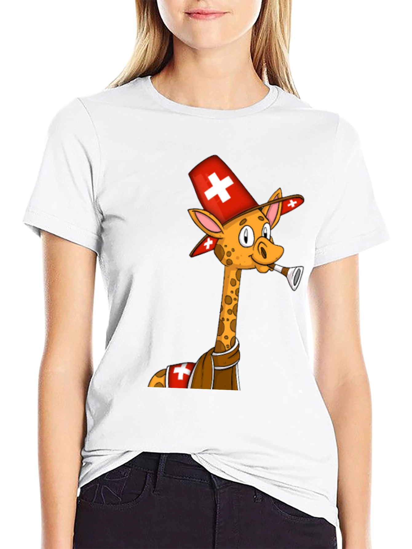 Black Swiss Giraffe T-Shirt - Unique Cartoon Design view 9
