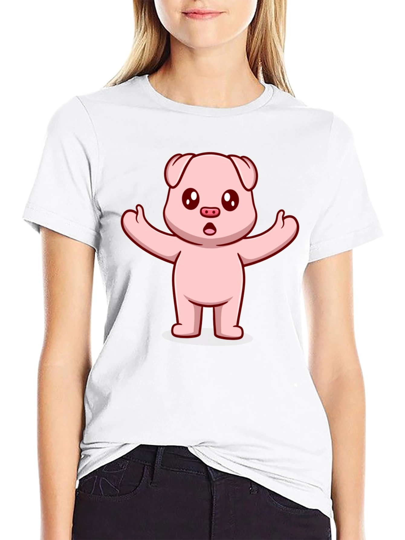 Black Cute Pig Cartoon Black T-Shirt view 9