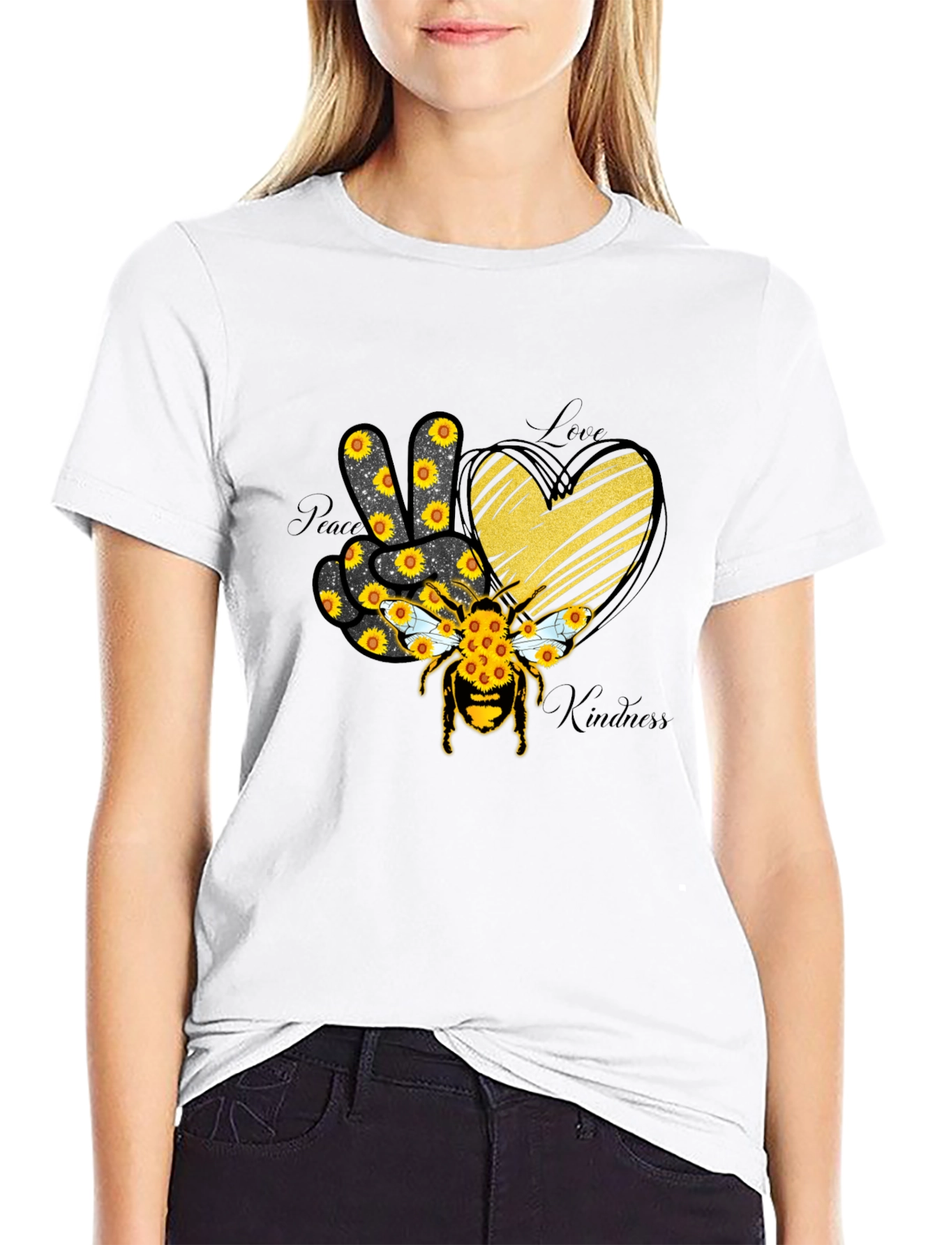Black Peace Love Kindness Sunflower Bee T-Shirt view 9