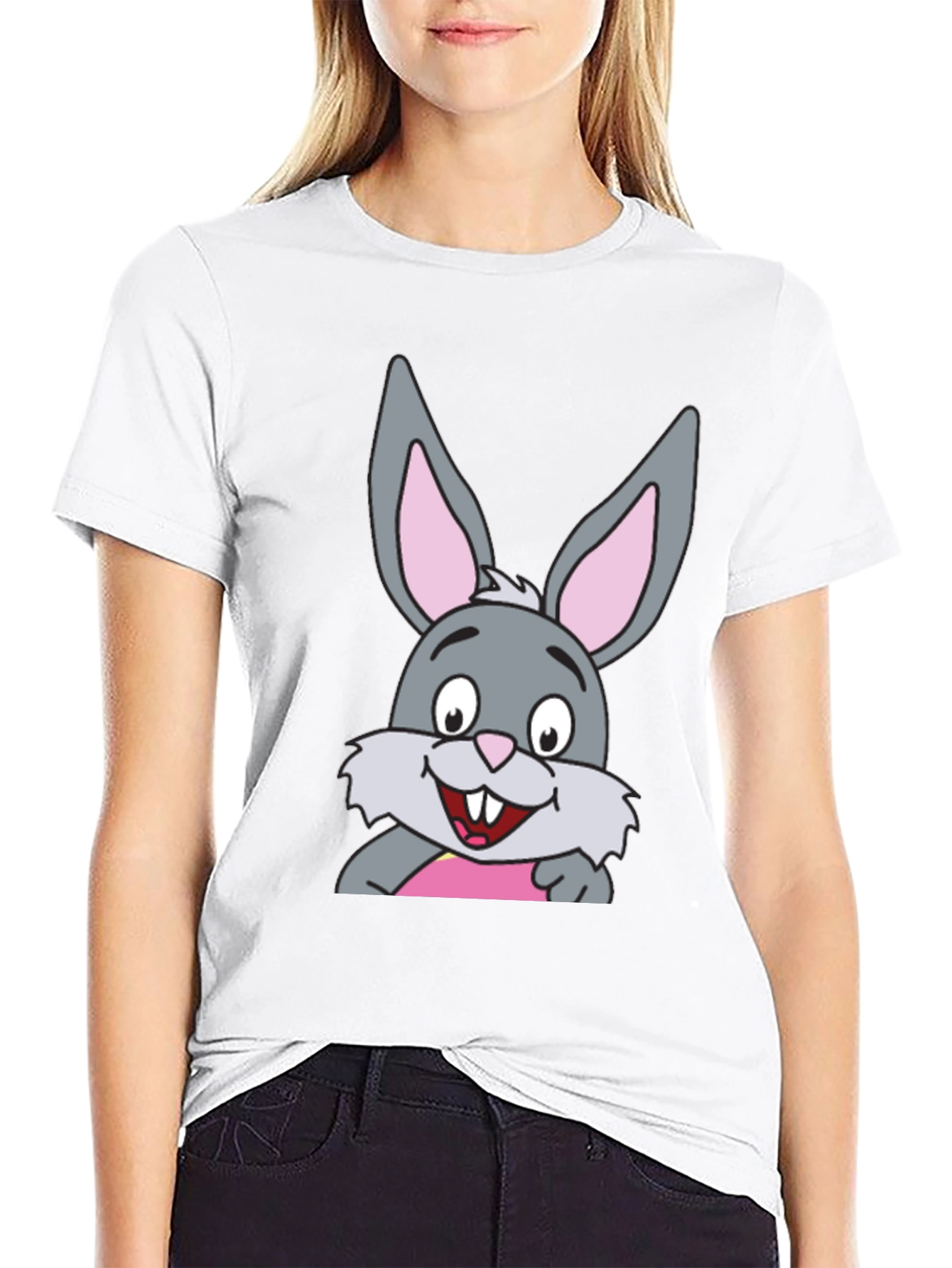 Black Cartoon Rabbit Graphic Print Black T-Shirt view 9